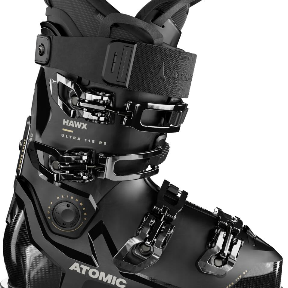 Atomic Women's Hawx Ultra 115 RS Ski Boot 2024 - Black ski boot with white lettering and a silver buckle on the side.