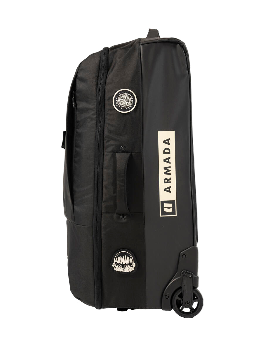 Armada 90L Travel Roller Bag - A black roller bag with a white logo featuring a sunburst design and the word "ARMADA" in bold letters.