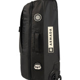 Armada 90L Travel Roller Bag - A black roller bag with a white logo featuring a sunburst design and the word "ARMADA" in bold letters.