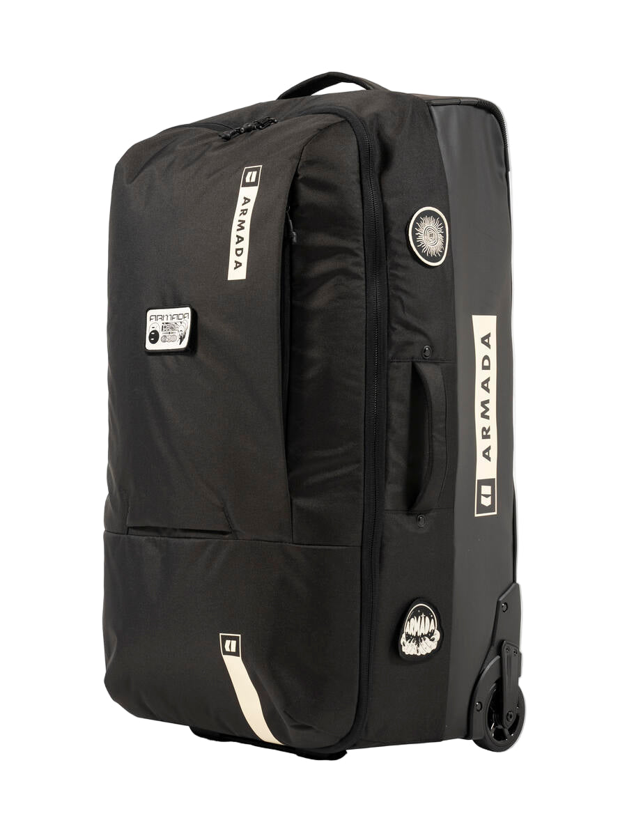 Armada 90L Travel Roller Bag - Black roller bag with white logo and black handle.