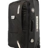 Armada 90L Travel Roller Bag - Black roller bag with white logo and black handle.