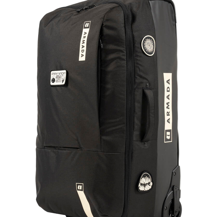 Armada 90L Travel Roller Bag - Black roller bag with white logo and black handle.