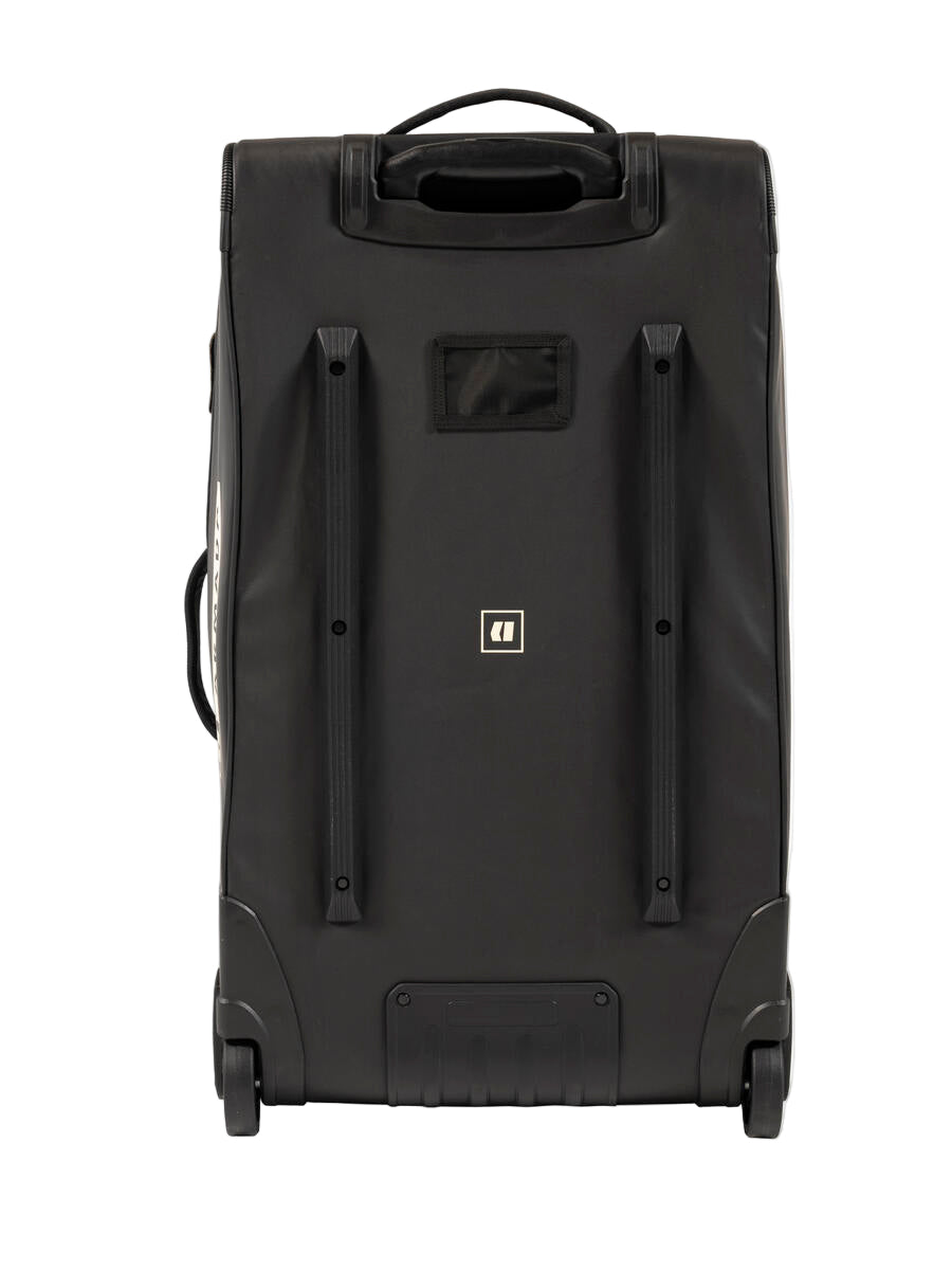 Armada 90L Travel Roller Bag - Black roller bag with white logo and black handle.