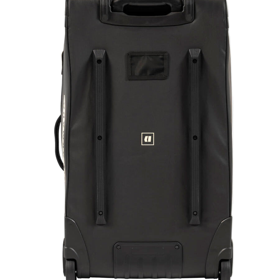 Armada 90L Travel Roller Bag - Black roller bag with white logo and black handle.