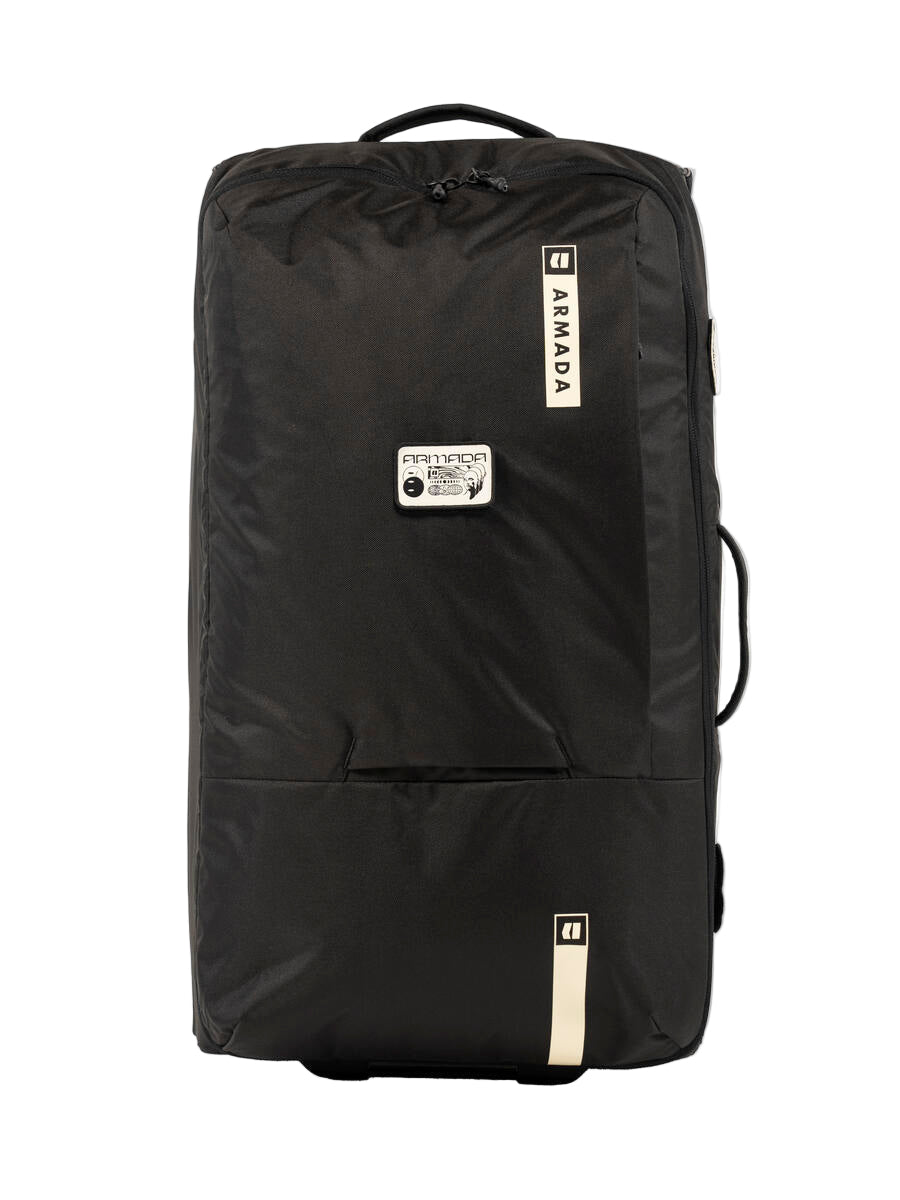 Armada 90L Travel Roller Bag - Black bag with white logo and straps, featuring a zippered top and two wheels at the bottom.