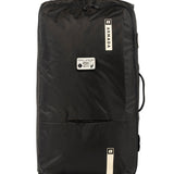 Armada 90L Travel Roller Bag - Black bag with white logo and straps, featuring a zippered top and two wheels at the bottom.