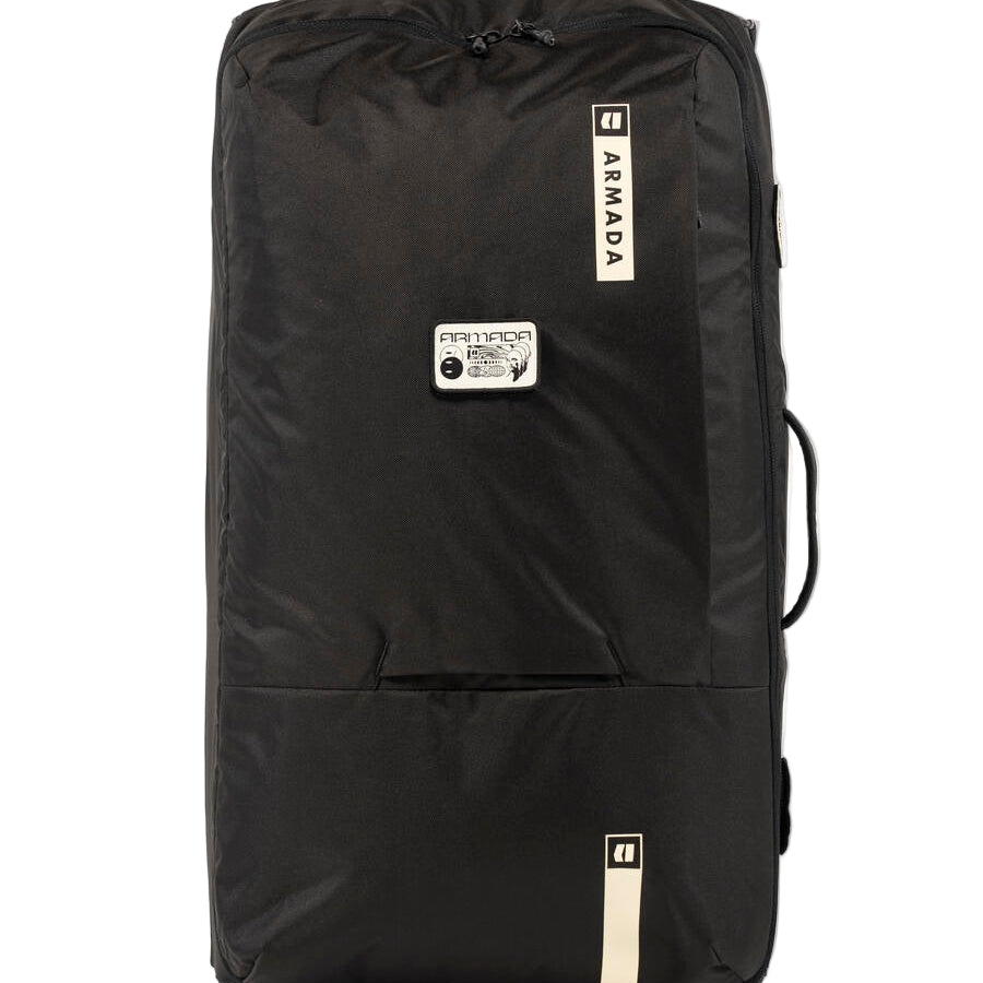 Armada 90L Travel Roller Bag - Black bag with white logo and straps, featuring a zippered top and two wheels at the bottom.