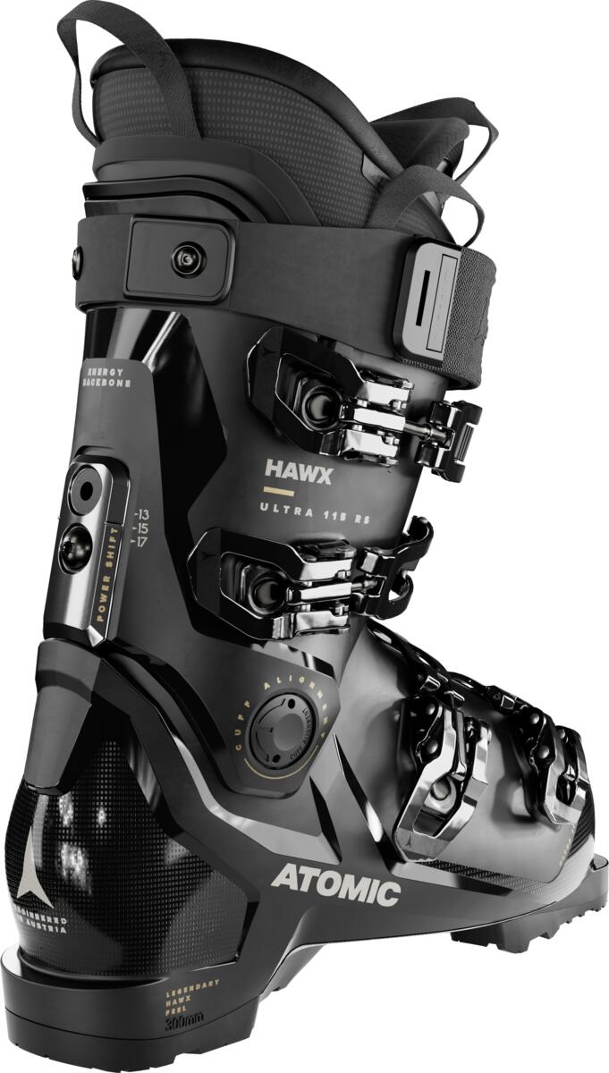 Atomic Women's Hawx Ultra 115 RS Ski Boot 2024 - Black ski boot with silver buckles and straps, featuring a sleek design with a prominent "HAWX" logo on the side.