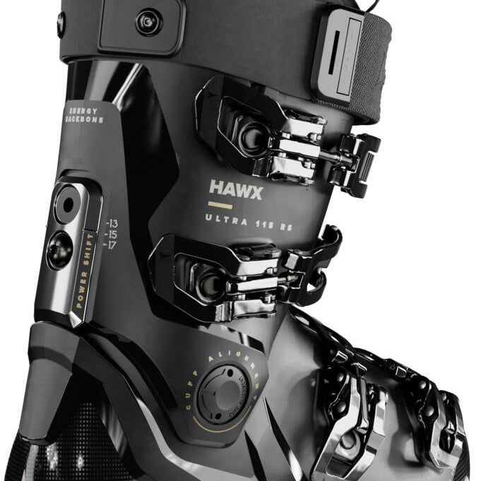 Atomic Women's Hawx Ultra 115 RS Ski Boot 2024 - Black ski boot with silver buckles and straps, featuring a sleek design with a prominent "HAWX" logo on the side.