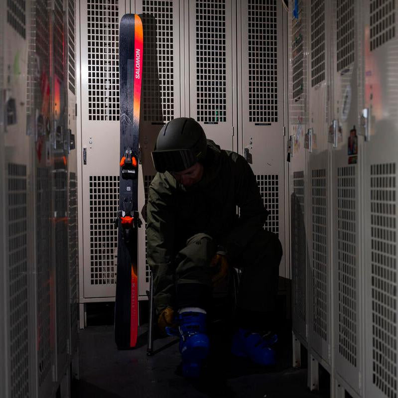 Salomon Stance 96 Skis 2025 - Black skis with orange and white lettering on top.