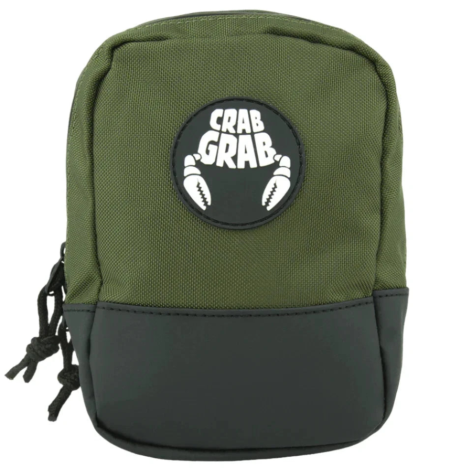 Crab Grab Snowboard Binding Bag 2025 - A green snowboard binding bag with a black logo featuring white crab claws and the words "CRAB GRAB" in bold, blocky letters.