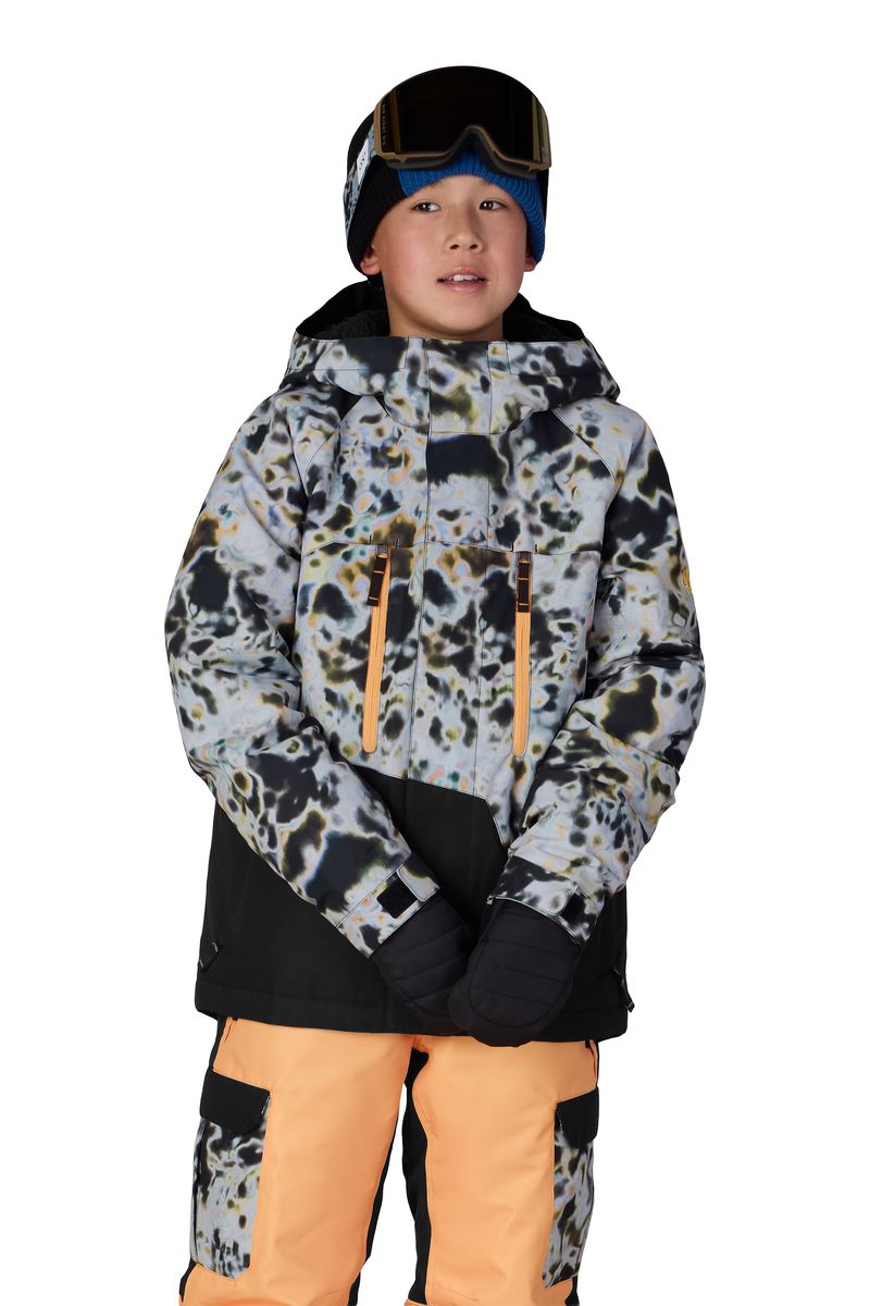 Boys' insulated jacket with black-and-beige animal print hood and zip front, black lower