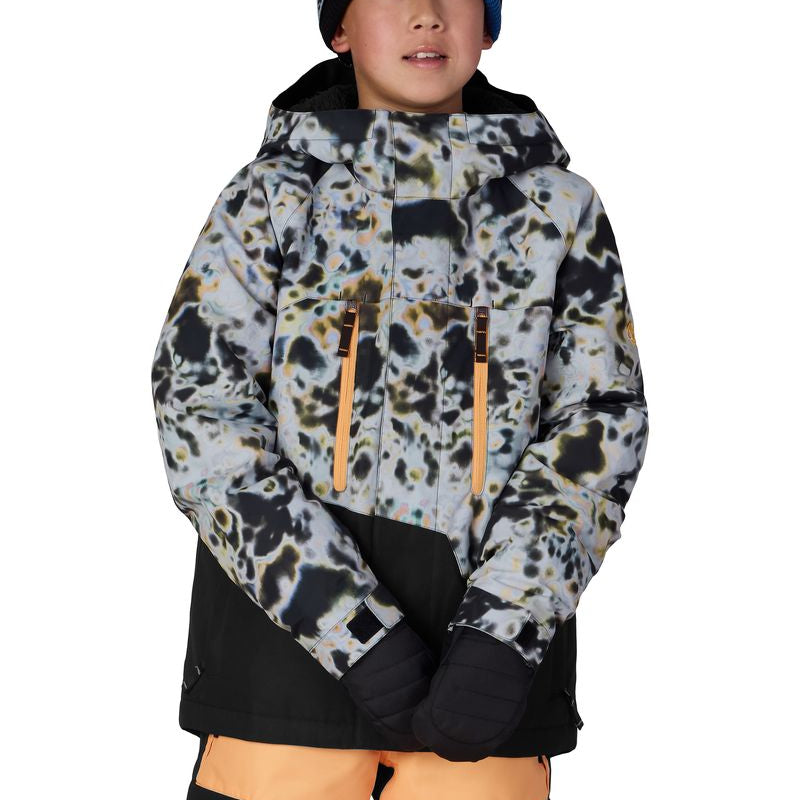 Boys' insulated jacket with black-and-beige animal print hood and zip front, black lower