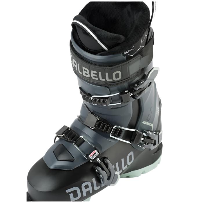 Dalbello Women's Cabrio MV 85 Ski Boots - Black ski boots with white lettering and a black strap across the top.