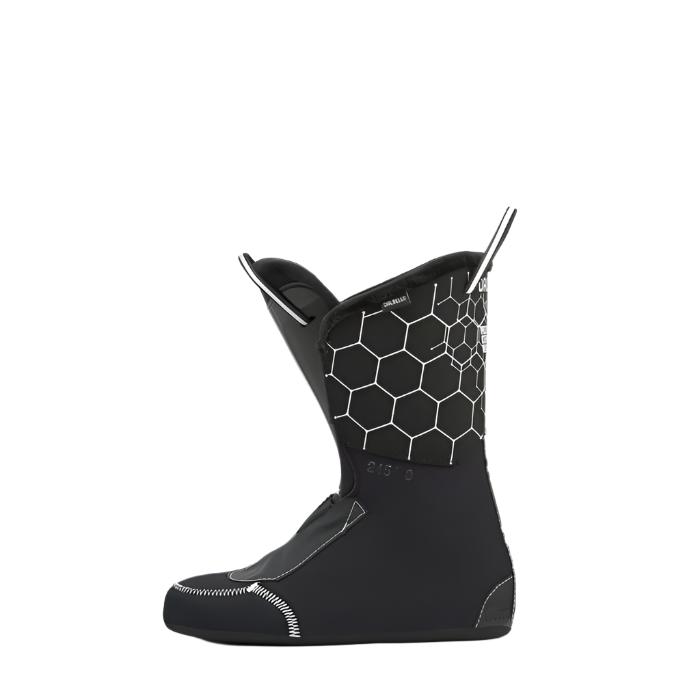 Dalbello Women's Cabrio MV 85 Ski Boots - Black ski boots with a geometric pattern on the side and white stitching.