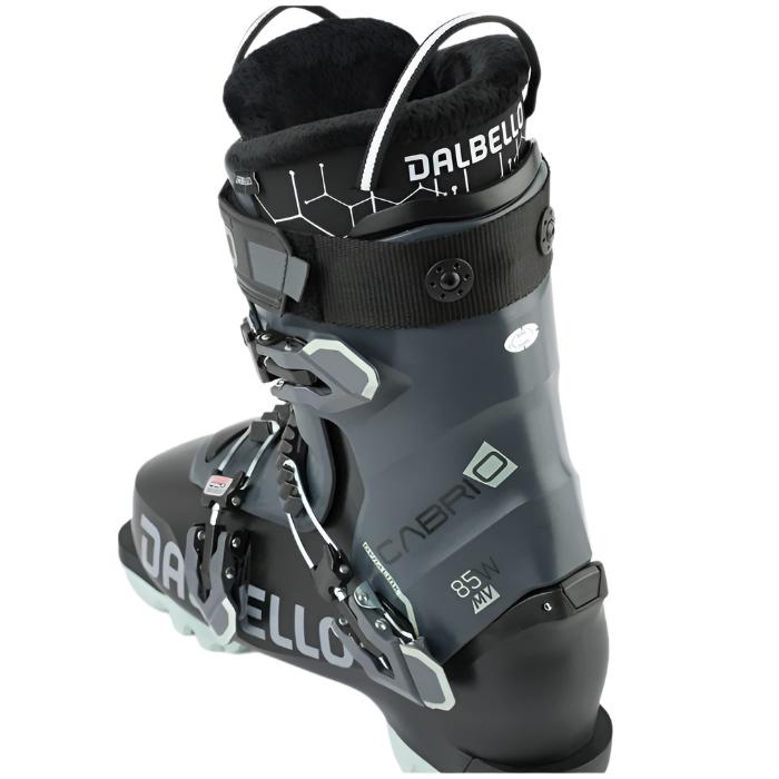 Dalbello Women's Cabrio MV 85 Ski Boots - Black ski boots with white lettering and logos, featuring a sleek design with a prominent "Cabrio" logo on the side.