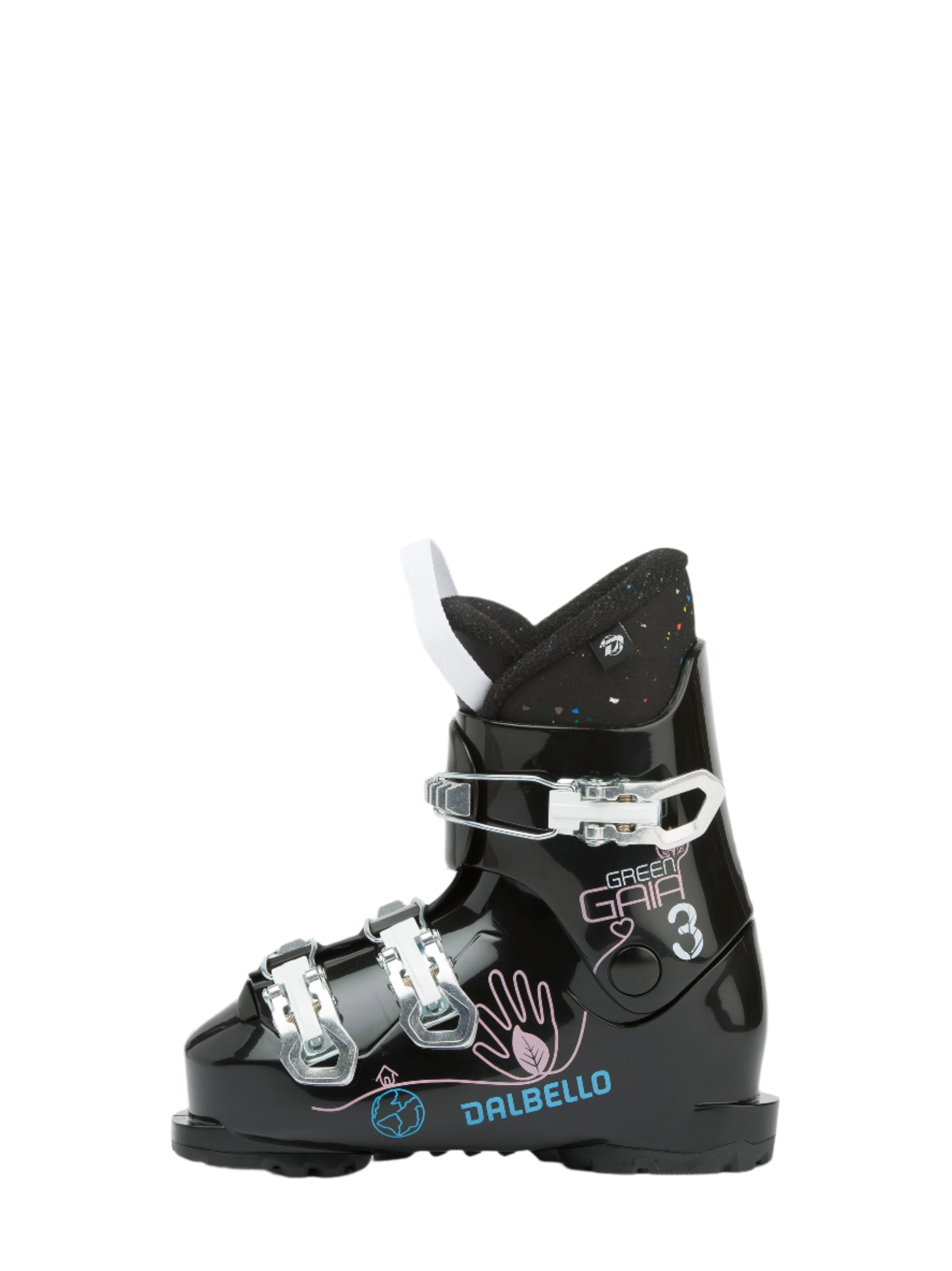 Dalbello Kid's Gaia 3.0 GW Ski Boots 2023 - Black ski boots with white laces and a silver buckle.