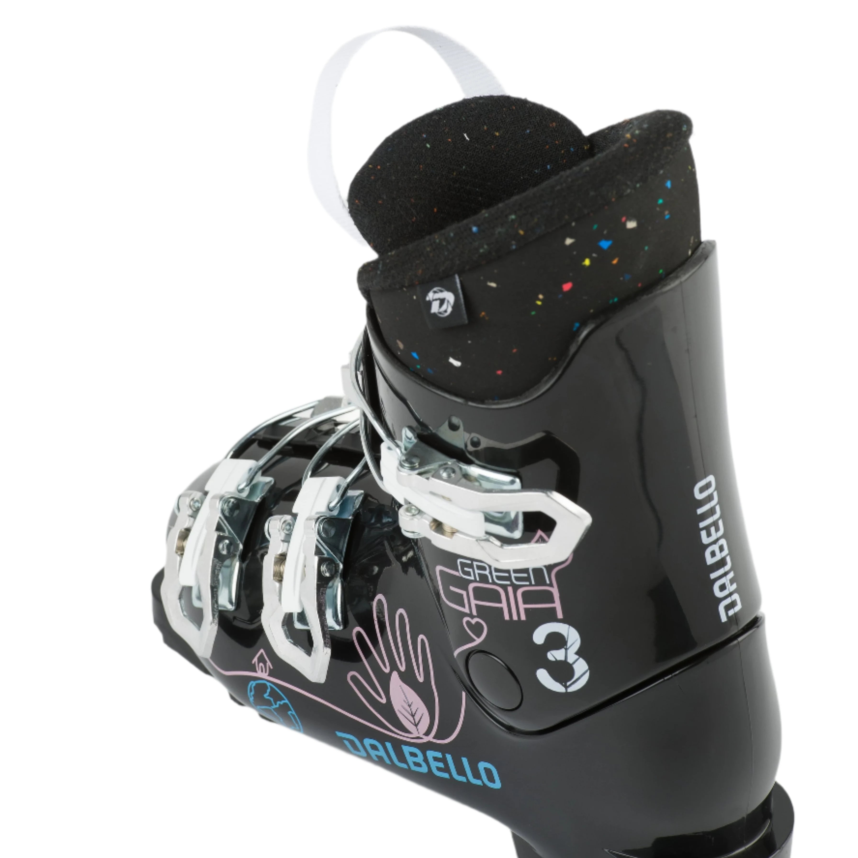 Dalbello Kid's Gaia 3.0 GW Ski Boots 2023 - Black ski boots with white laces and a silver buckle.
