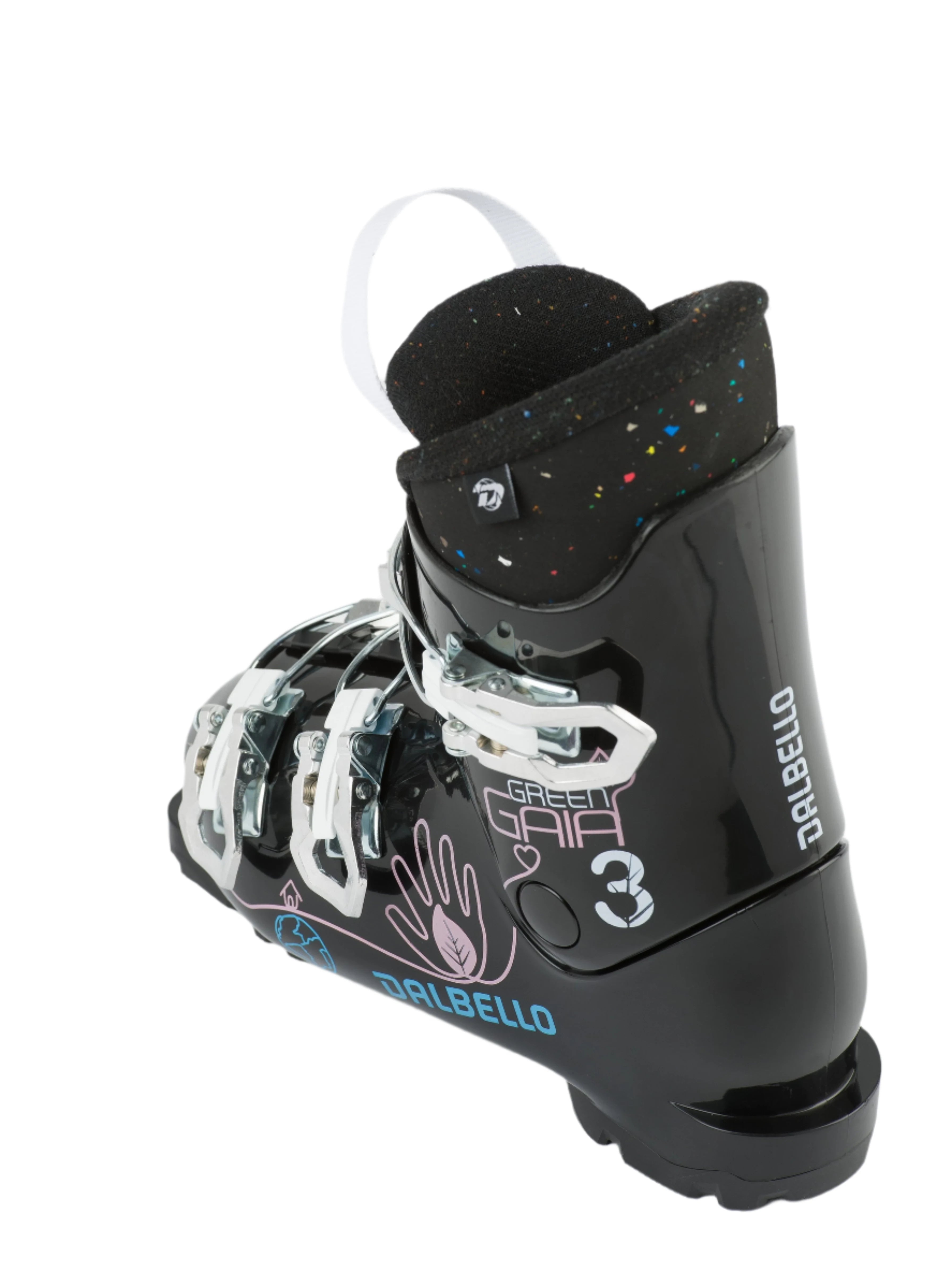 Dalbello Kid's Gaia 3.0 GW Ski Boots 2023 - Black ski boots with white laces and a silver buckle.