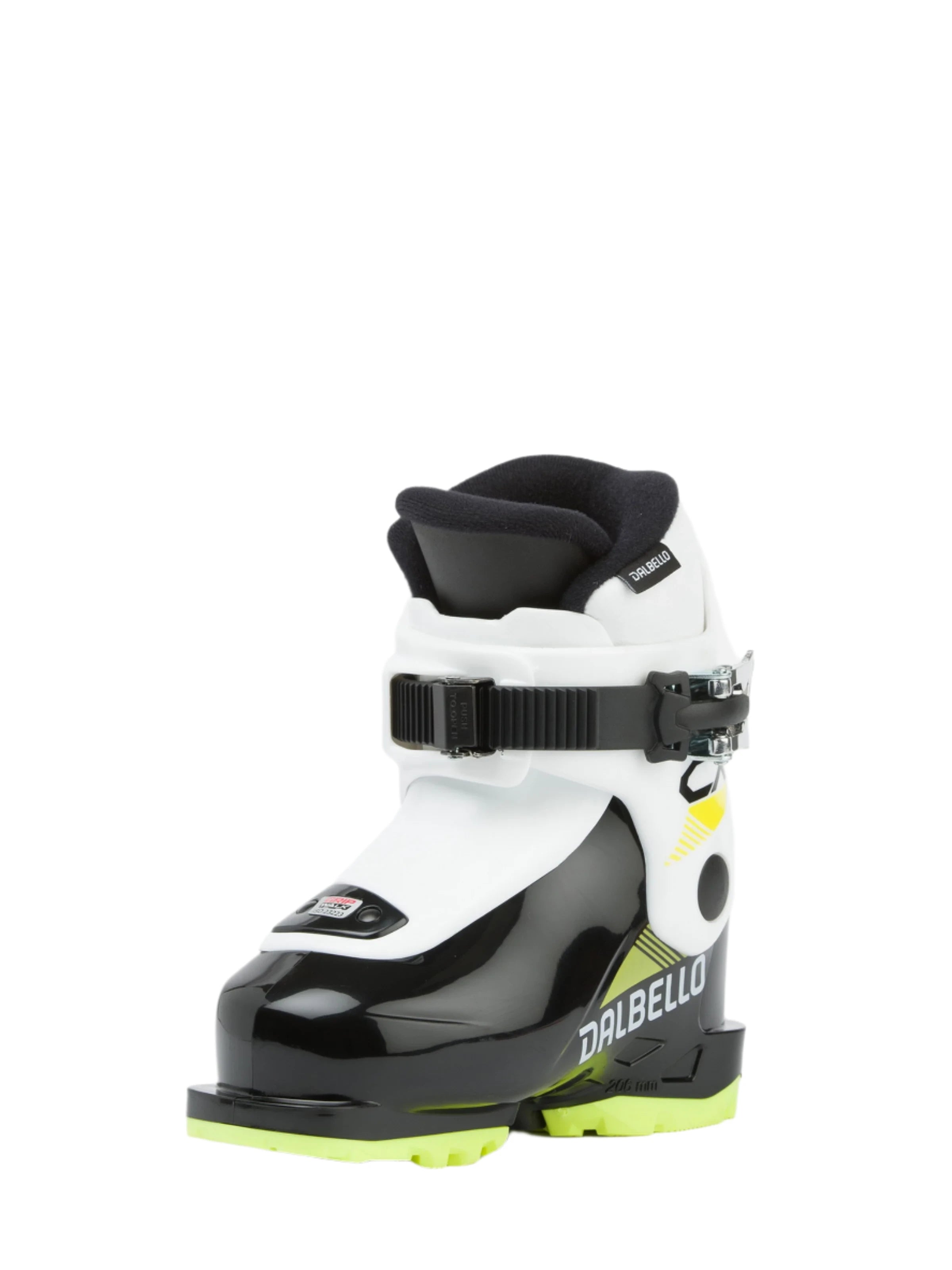 Dalbello Kid's CX 1.0 Cabrio GW Ski Boots 2026 - A pair of white ski boots with black and yellow accents, featuring a strap closure system.