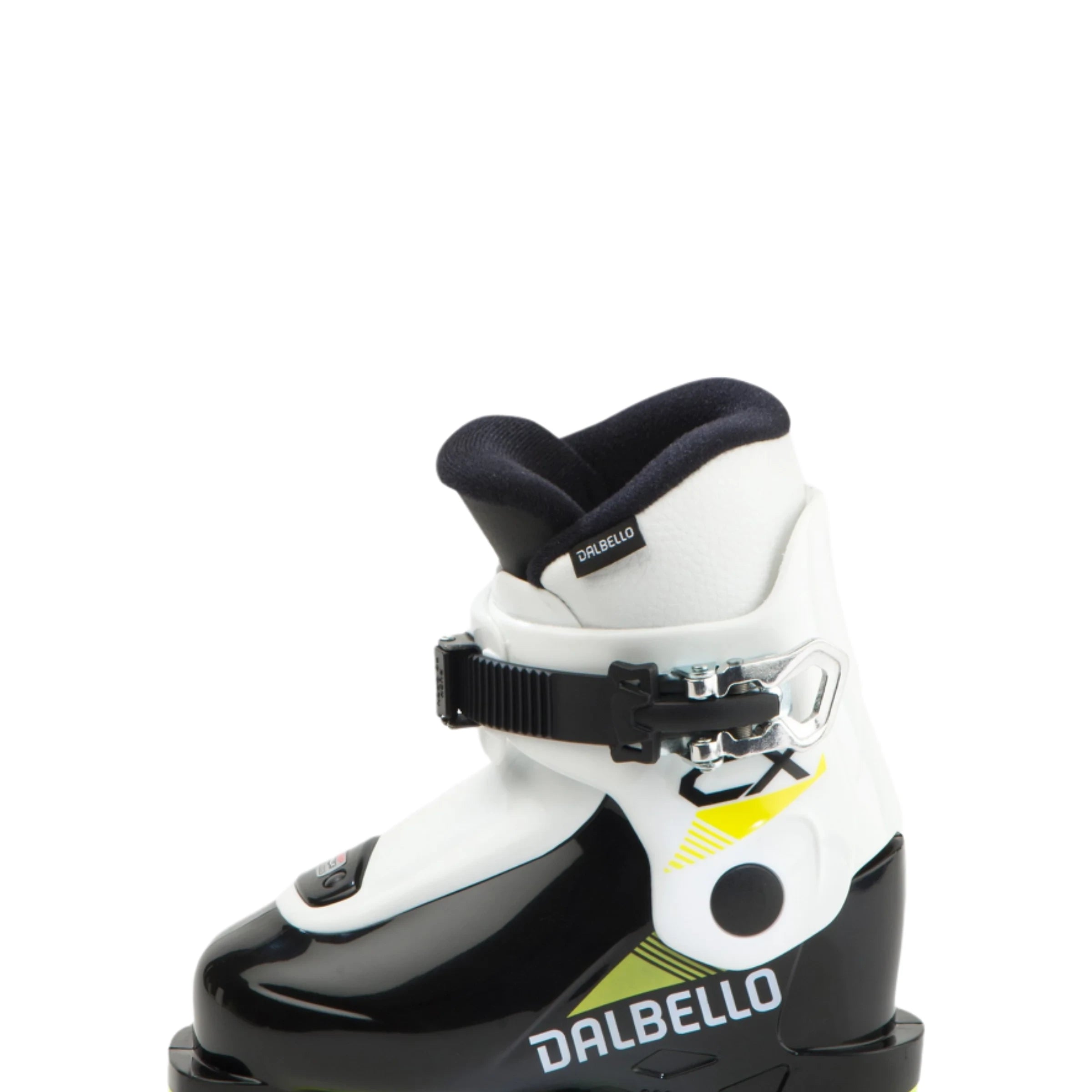 Dalbello Kid's CX 1.0 Cabrio GW Ski Boots 2026 - A pair of white ski boots with black accents and a yellow logo on the side.
