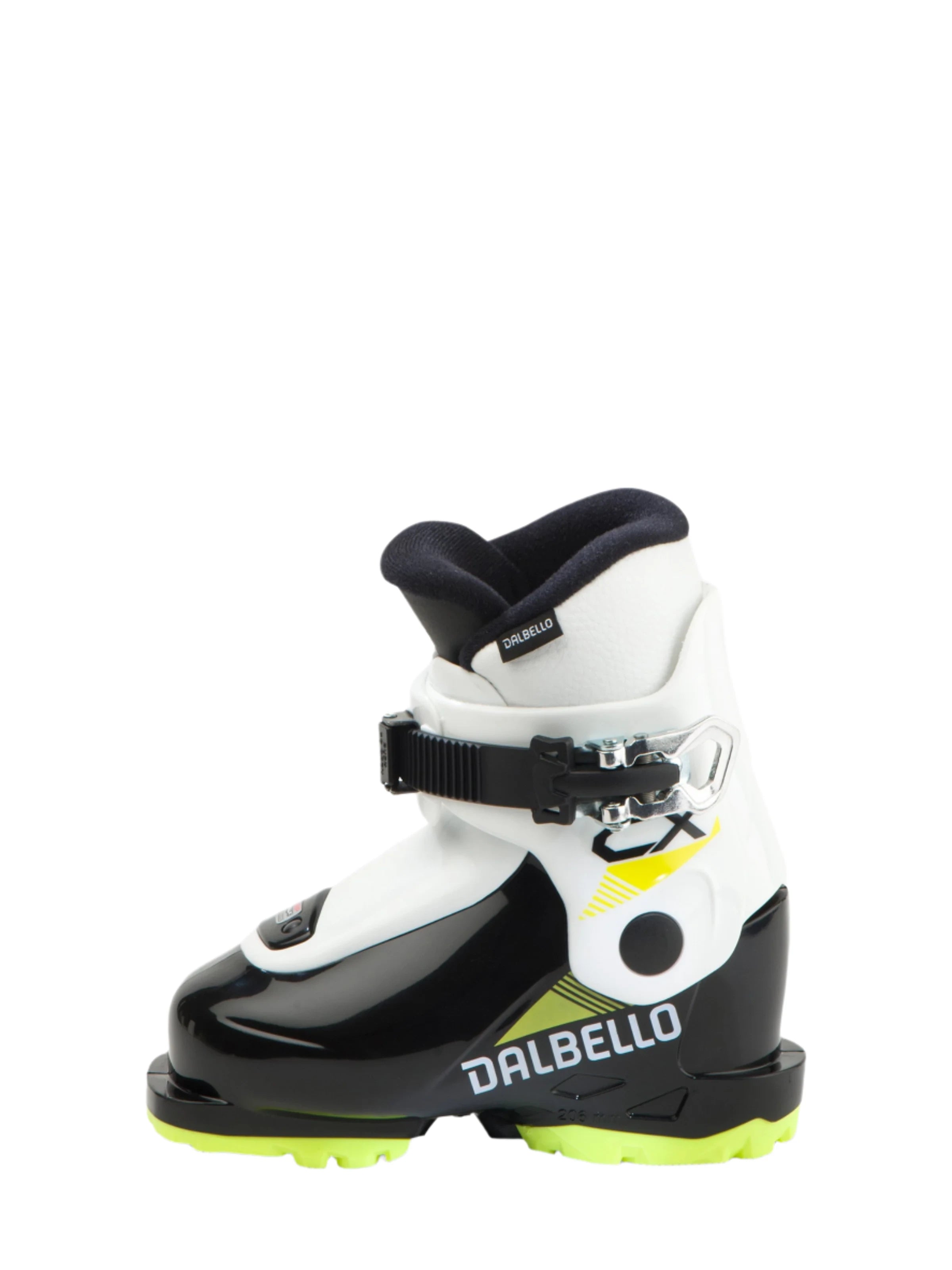 Dalbello Kid's CX 1.0 Cabrio GW Ski Boots 2026 - A pair of white ski boots with black accents and a yellow logo on the side.