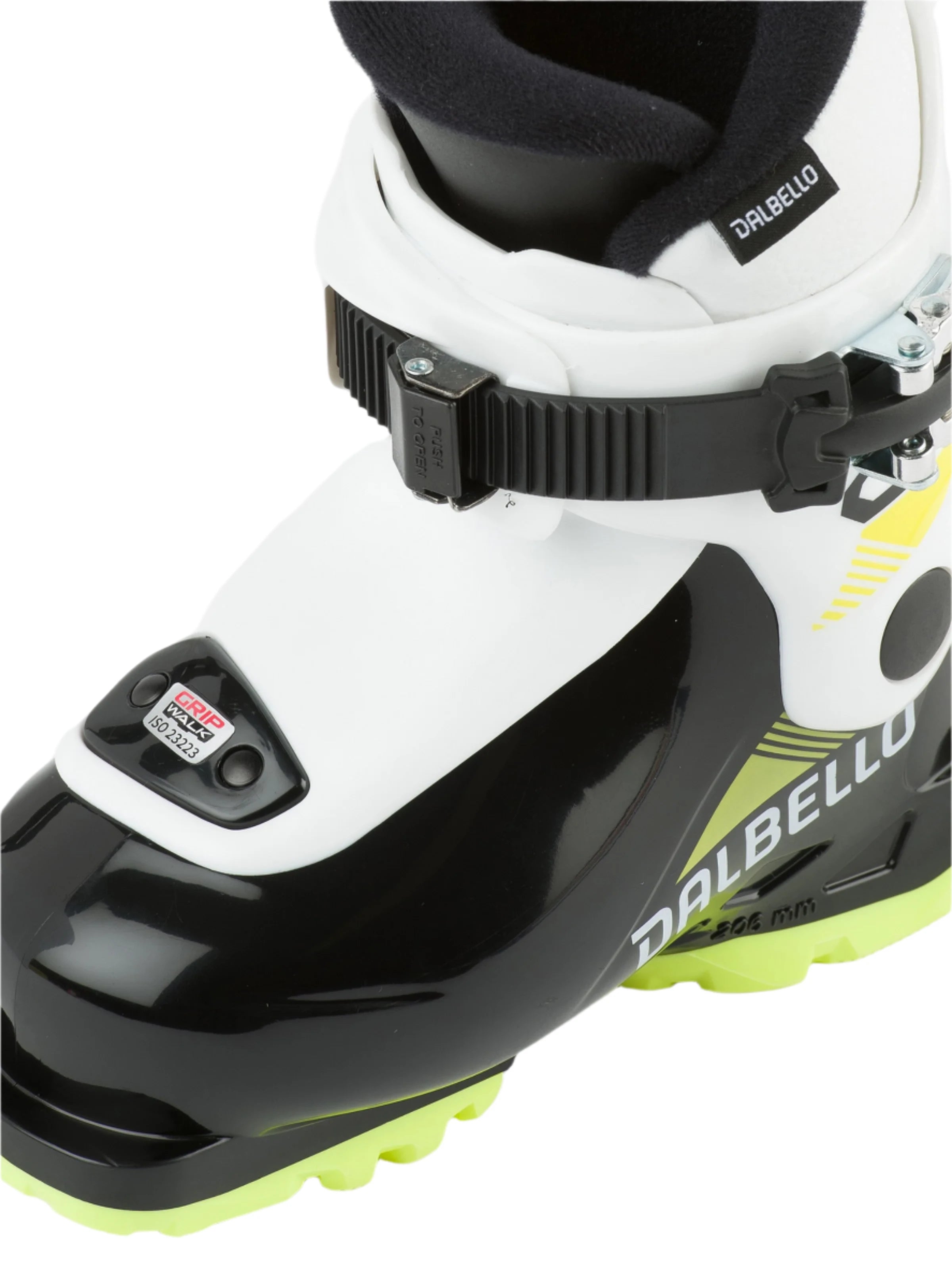Dalbello Kid's CX 1.0 Cabrio GW Ski Boots 2026 - A pair of white ski boots with black and yellow accents, featuring a distinctive "DALBELLO" logo on the side.