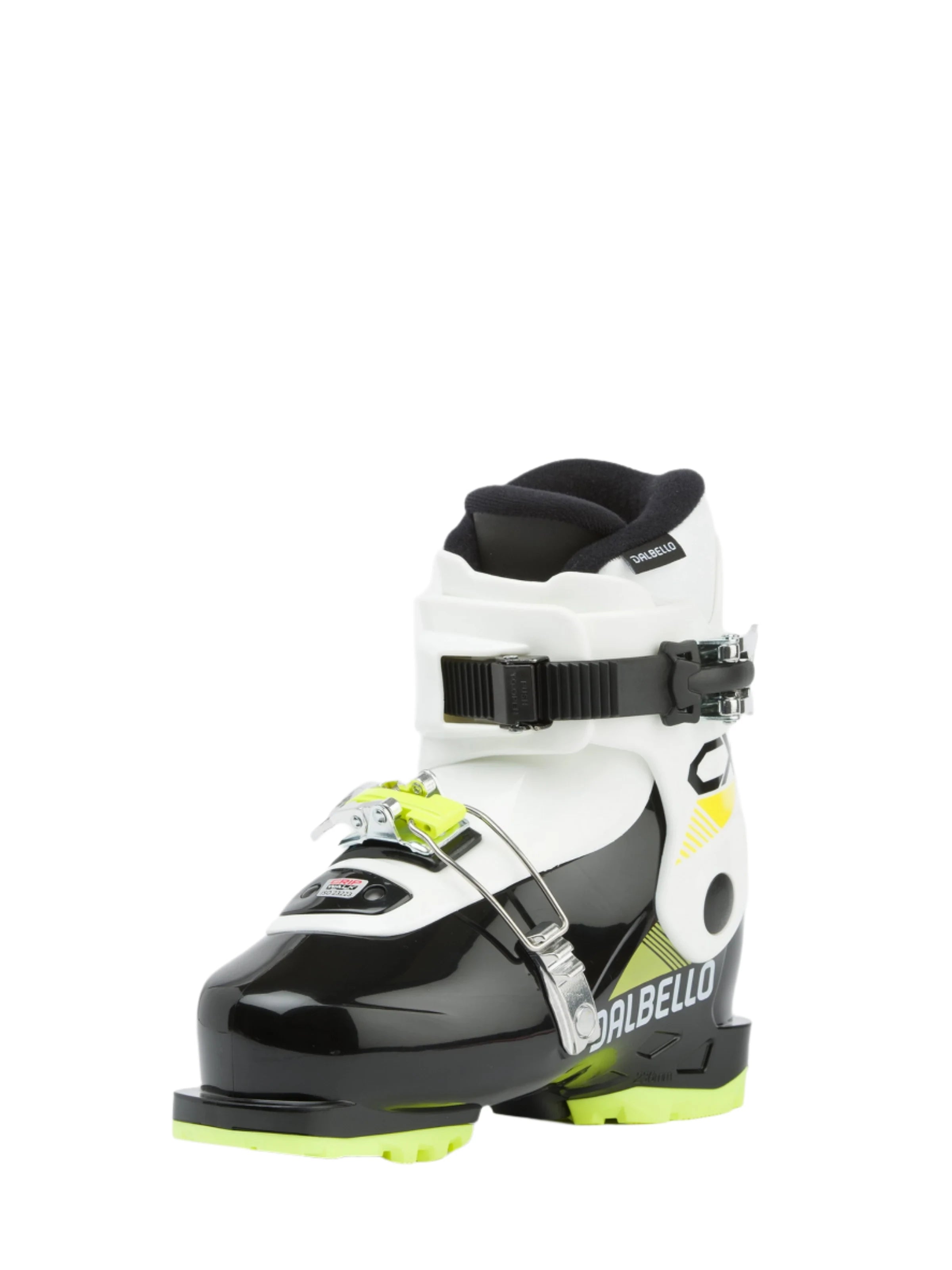 Dalbello Kid's CX 2.0 Cabrio GW Ski Boots 2026 - White ski boots with yellow accents and a black strap.
