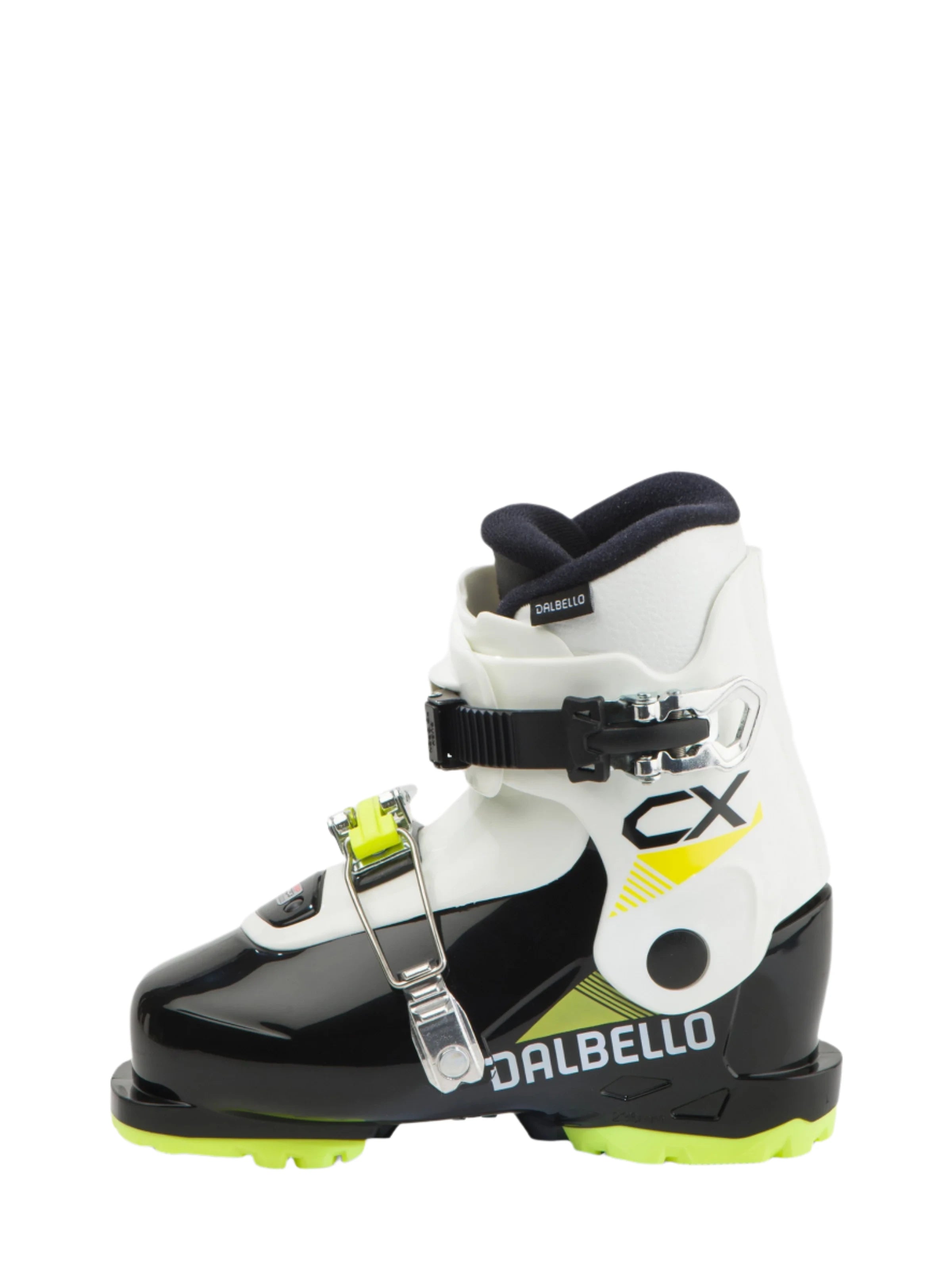Dalbello Kid's CX 2.0 Cabrio GW Ski Boots 2026 - A white ski boot with black and yellow accents, featuring a distinctive "CX" logo on the side.
