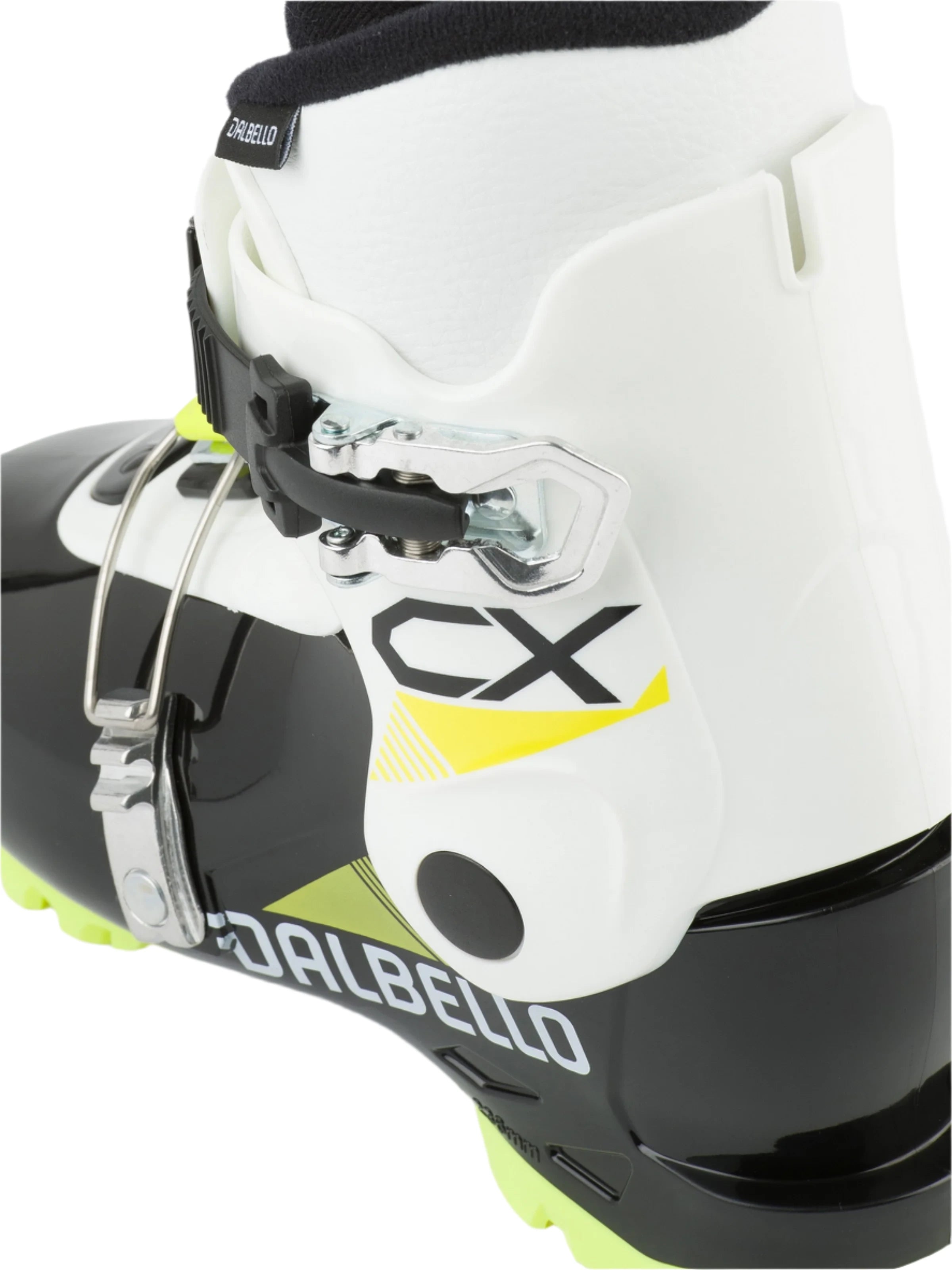 Dalbello Kid's CX 2.0 Cabrio GW Ski Boots 2026 - White ski boots with black and yellow accents, featuring a silver buckle on the side.