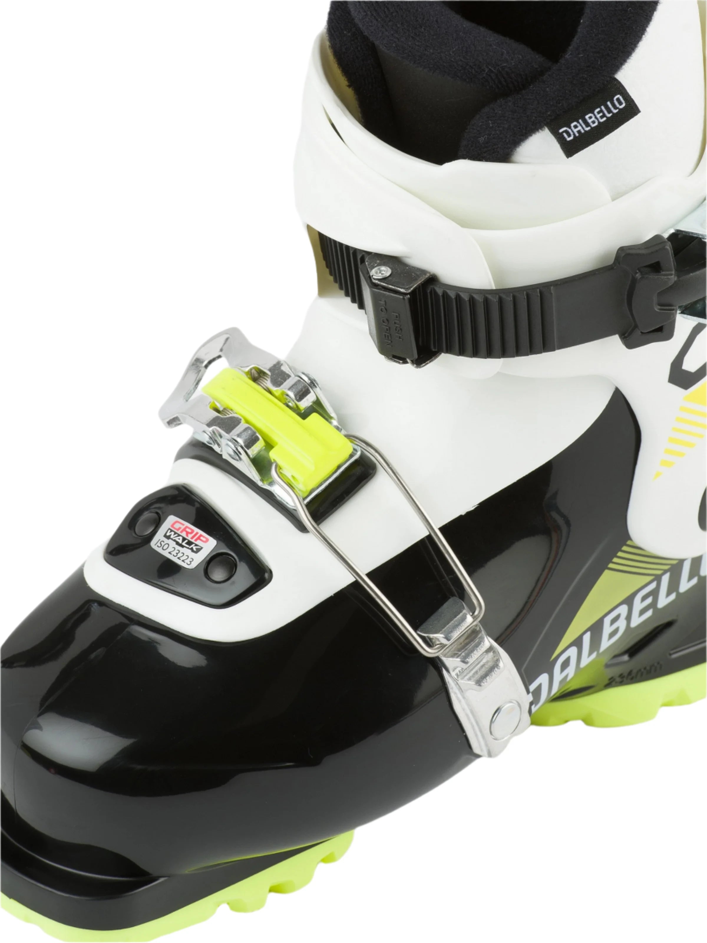 Dalbello Kid's CX 2.0 Cabrio GW Ski Boots 2026 - A pair of black ski boots with neon green accents and a white strap on top.