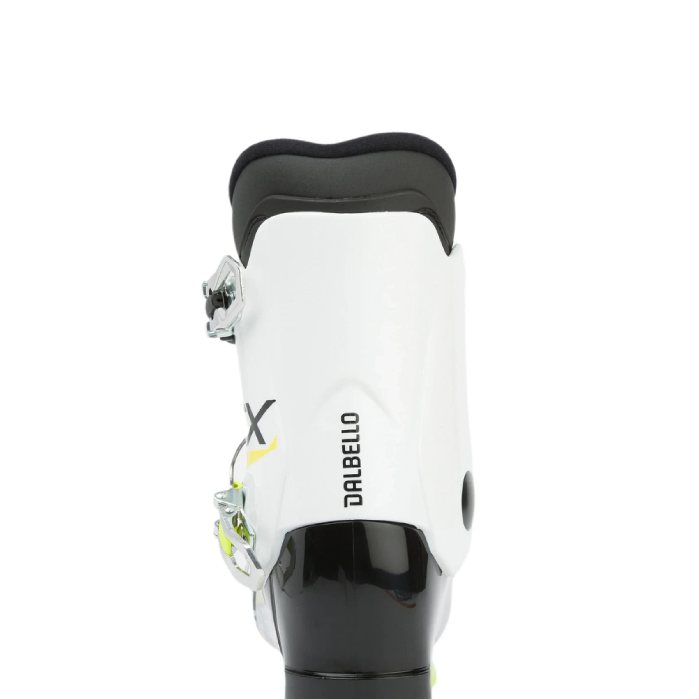 Dalbello Youth CX 3.0 Cabrio GW Ski Boots 2026 - White ski boots with silver buckles and yellow accents on the sides.