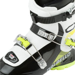 Dalbello Youth CX 3.0 Cabrio GW Ski Boots 2026 - A pair of black and white ski boots with neon green accents, featuring a distinctive logo on the side.