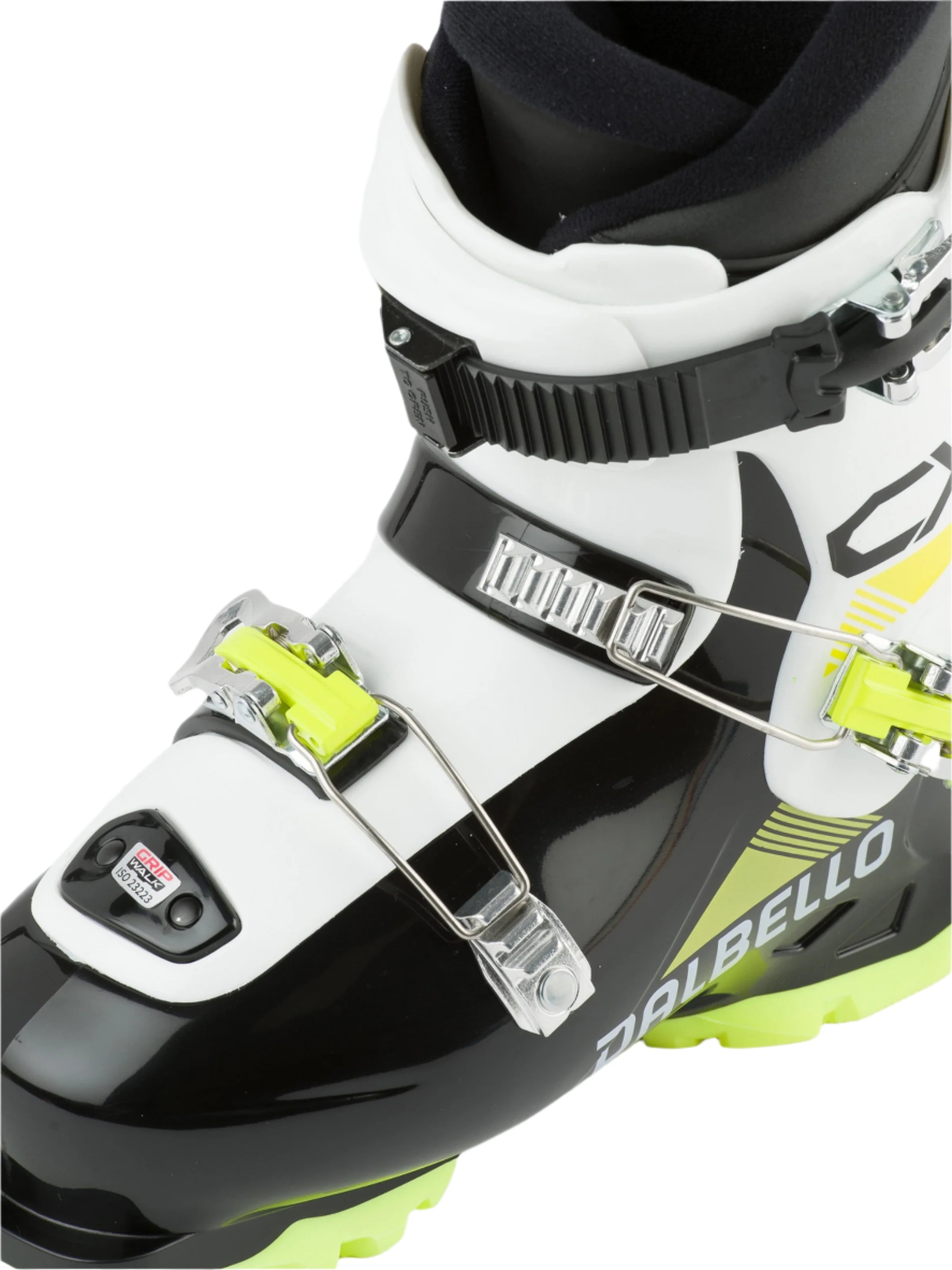 Dalbello Youth CX 3.0 Cabrio GW Ski Boots 2026 - A pair of black and white ski boots with neon green accents, featuring a distinctive logo on the side.
