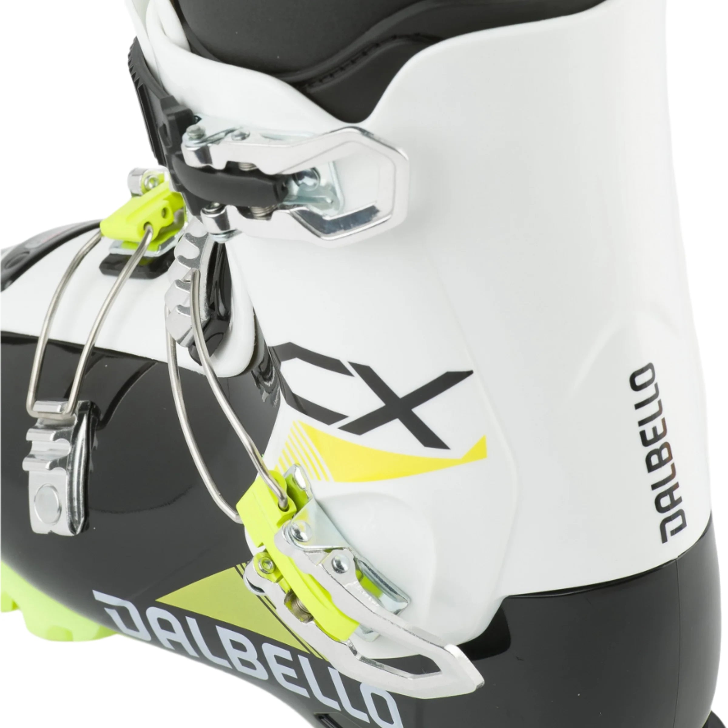 Dalbello Youth CX 3.0 Cabrio GW Ski Boots 2026 - A pair of white ski boots with black and yellow accents, featuring a distinctive "CX" logo on the side.