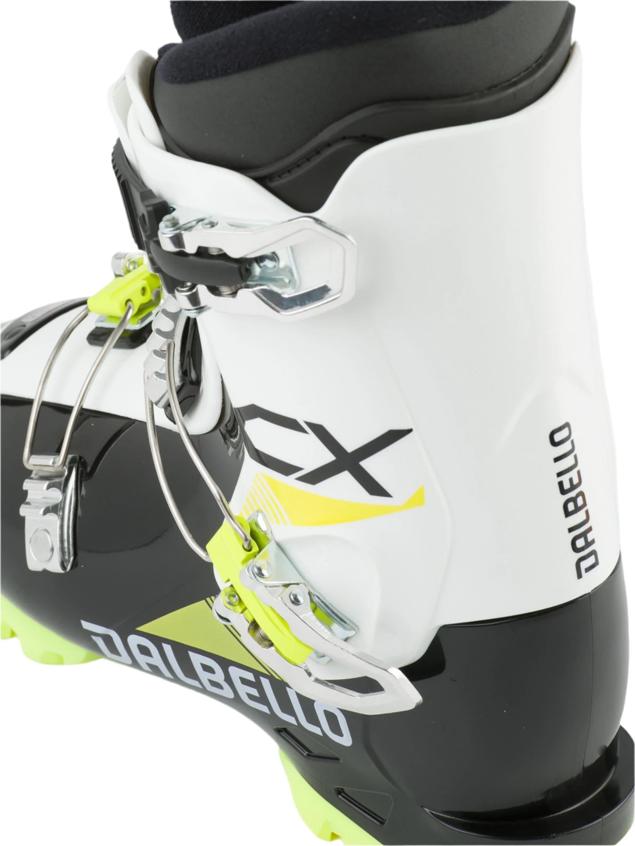 Dalbello Youth CX 3.0 Cabrio GW Ski Boots 2026 - A pair of white ski boots with black and yellow accents, featuring a distinctive "CX" logo on the side.