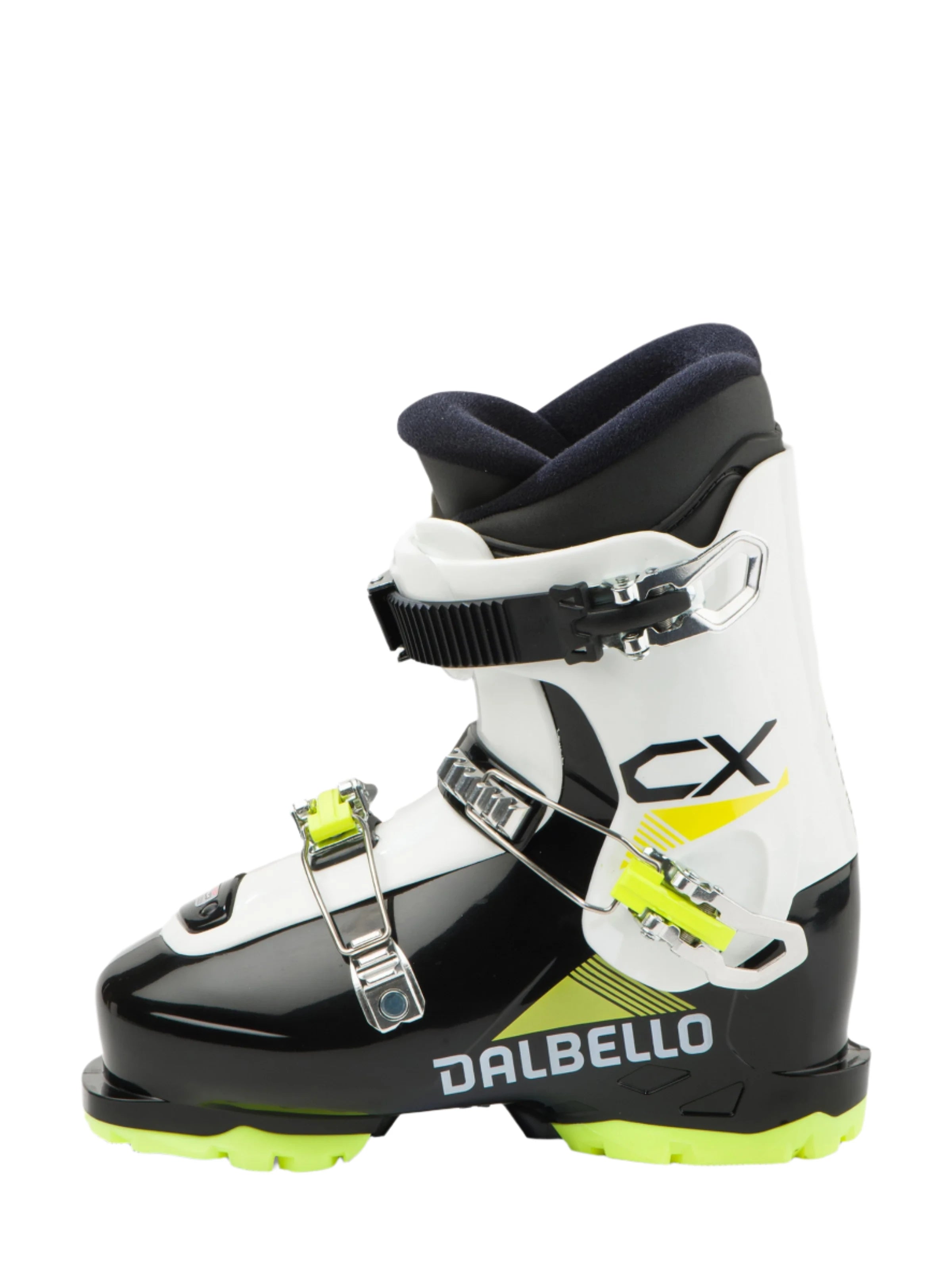 Dalbello Youth CX 3.0 Cabrio GW Ski Boots 2026 - A pair of black and white ski boots with neon green accents, featuring a sleek design and prominent "CX" logo on the side.