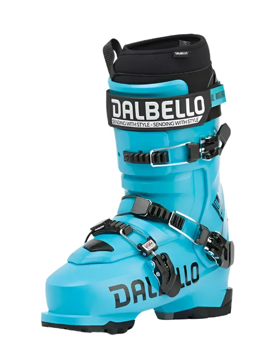 Dalbello IL Moro MV 3D Wrap Ski Boot 2026 - A black and light blue ski boot with a strap on top, featuring the brand name "DALBELLO" in white letters.