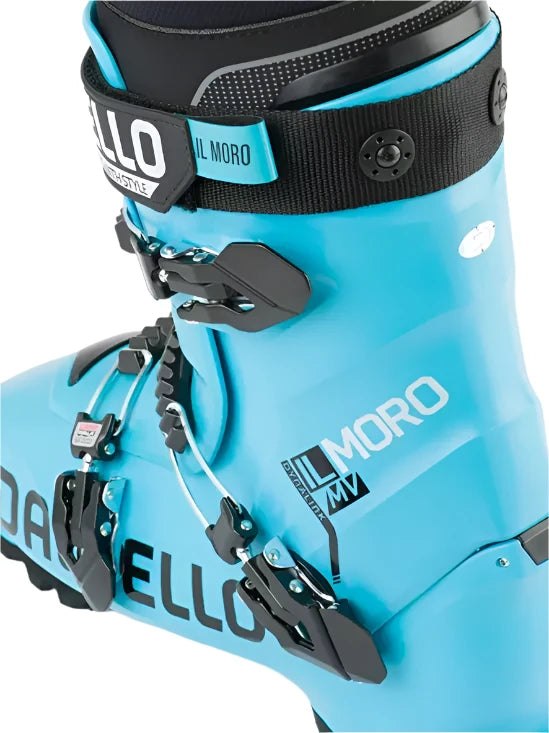 Dalbello IL Moro MV 3D Wrap Ski Boot 2026 - A light blue ski boot with a black strap and buckle on top, featuring the brand name "IL MORO" in white letters.