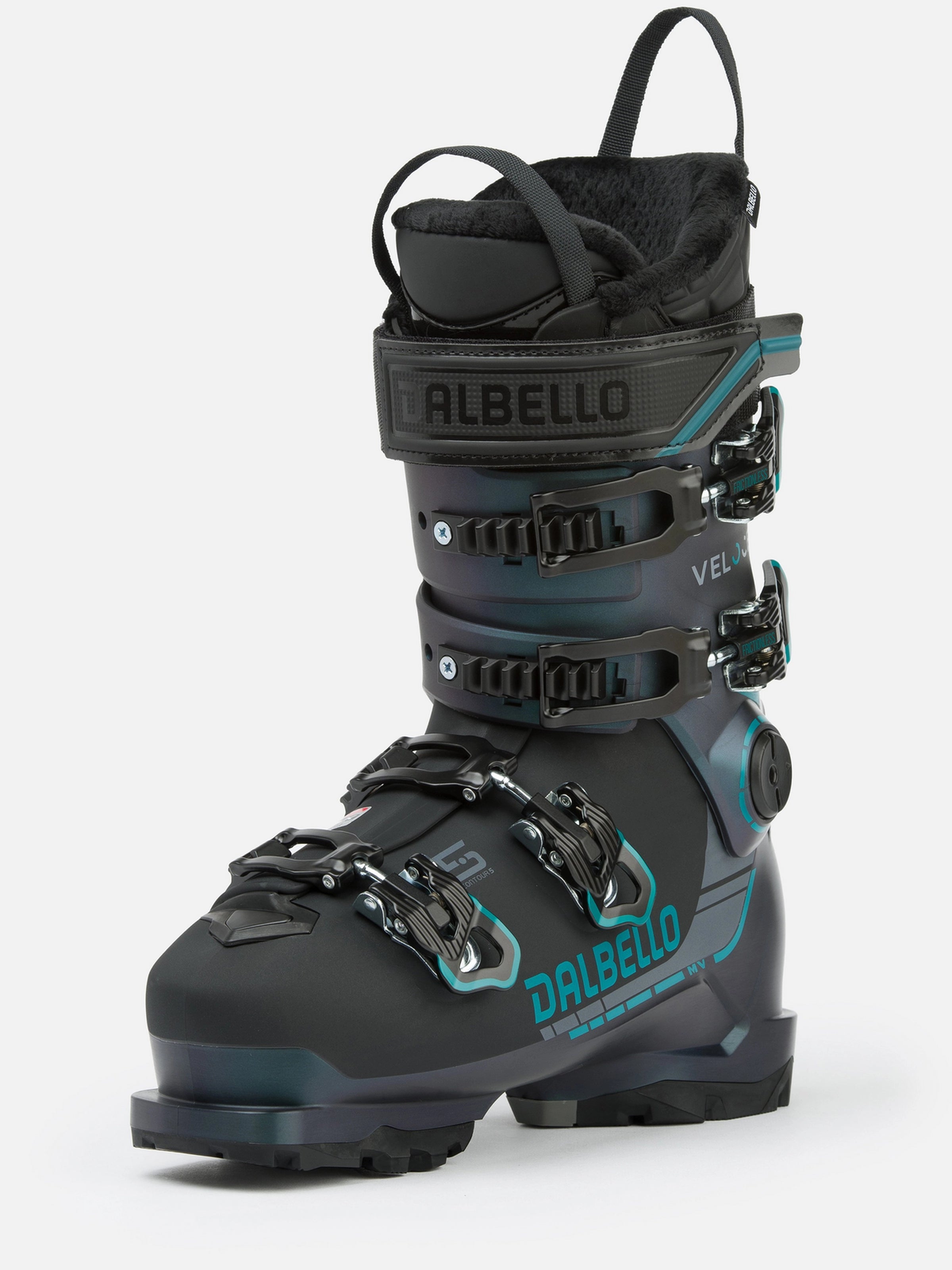 Dalbello Women's Veloce 75 MV Ski Boot 2026 - A black ski boot with teal accents and a Velcro strap on top.