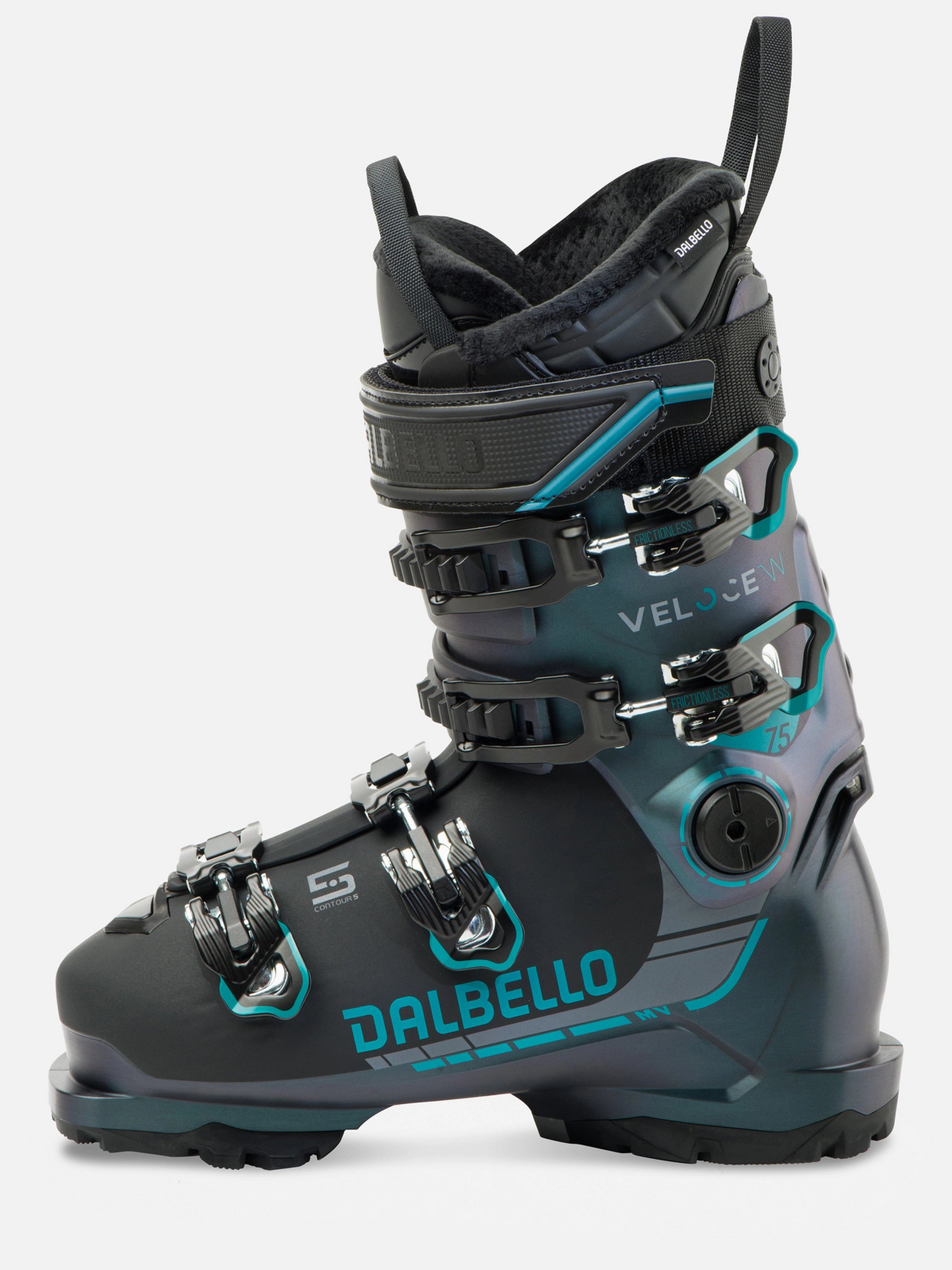 Dalbello Women's Veloce 75 MV Ski Boot 2026 - A black ski boot with teal accents and a white logo on the side.