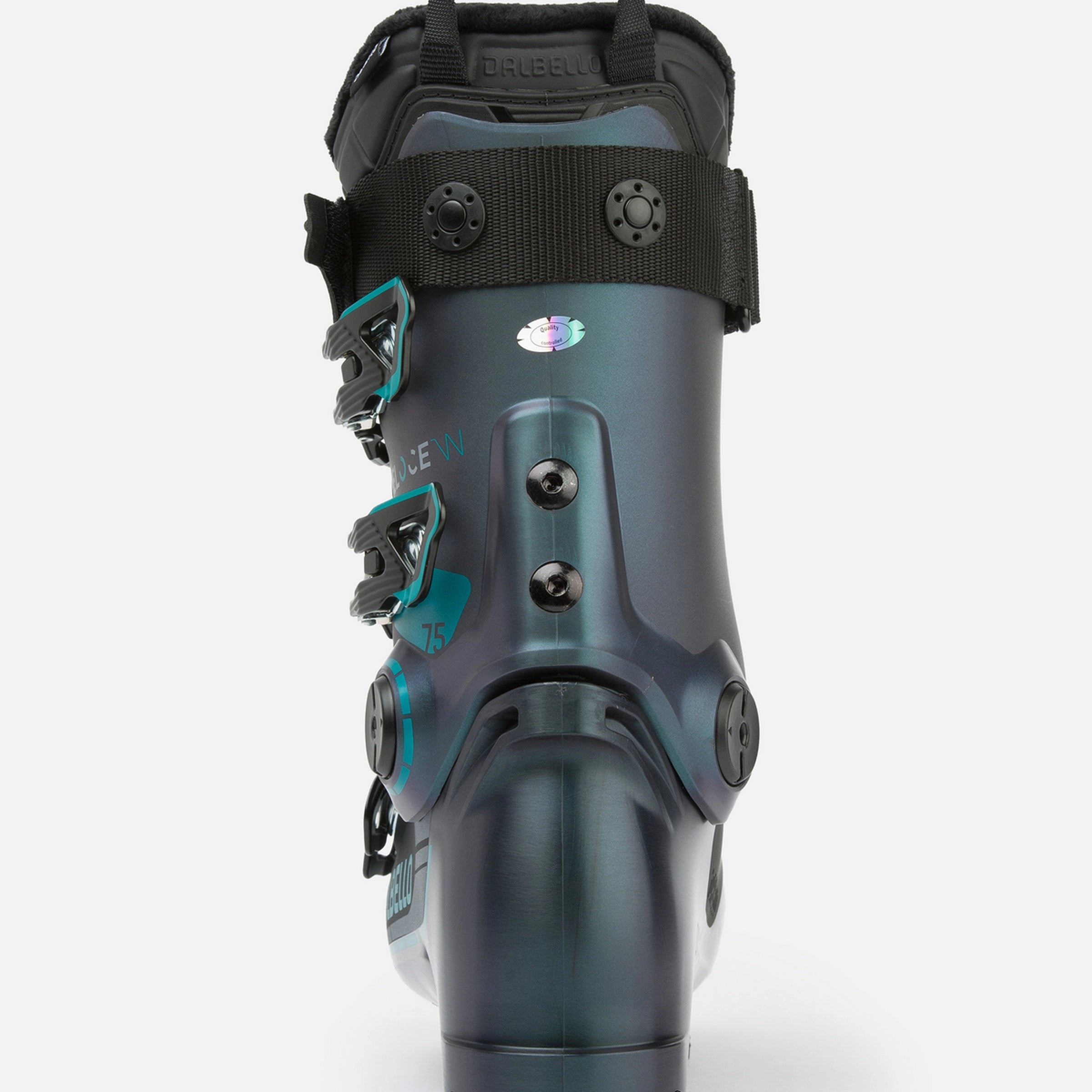 Dalbello Women's Veloce 75 MV Ski Boot 2026 - A dark gray ski boot with teal accents and a black strap across the top.