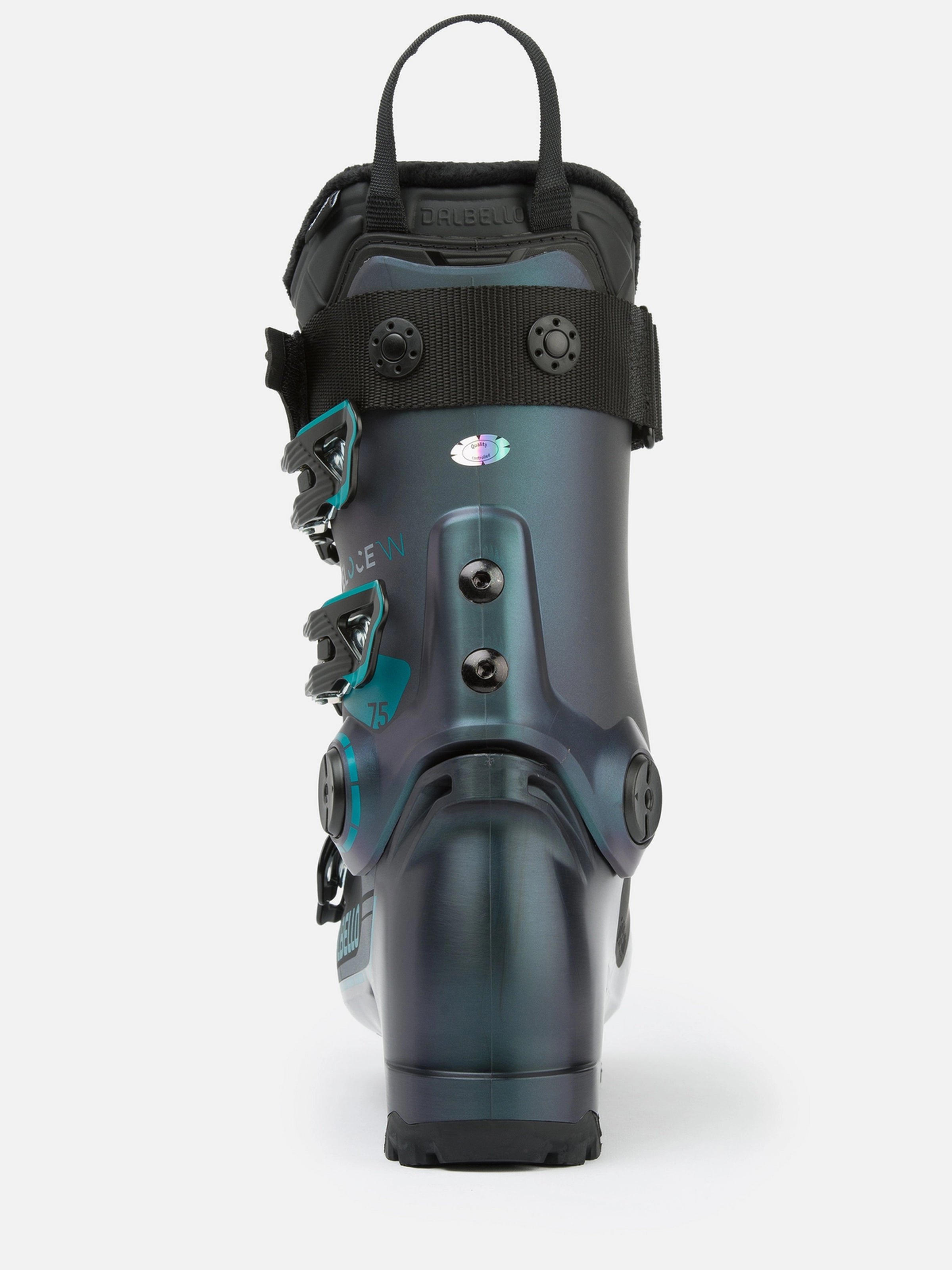 Dalbello Women's Veloce 75 MV Ski Boot 2026 - A dark gray ski boot with teal accents and a black strap across the top.