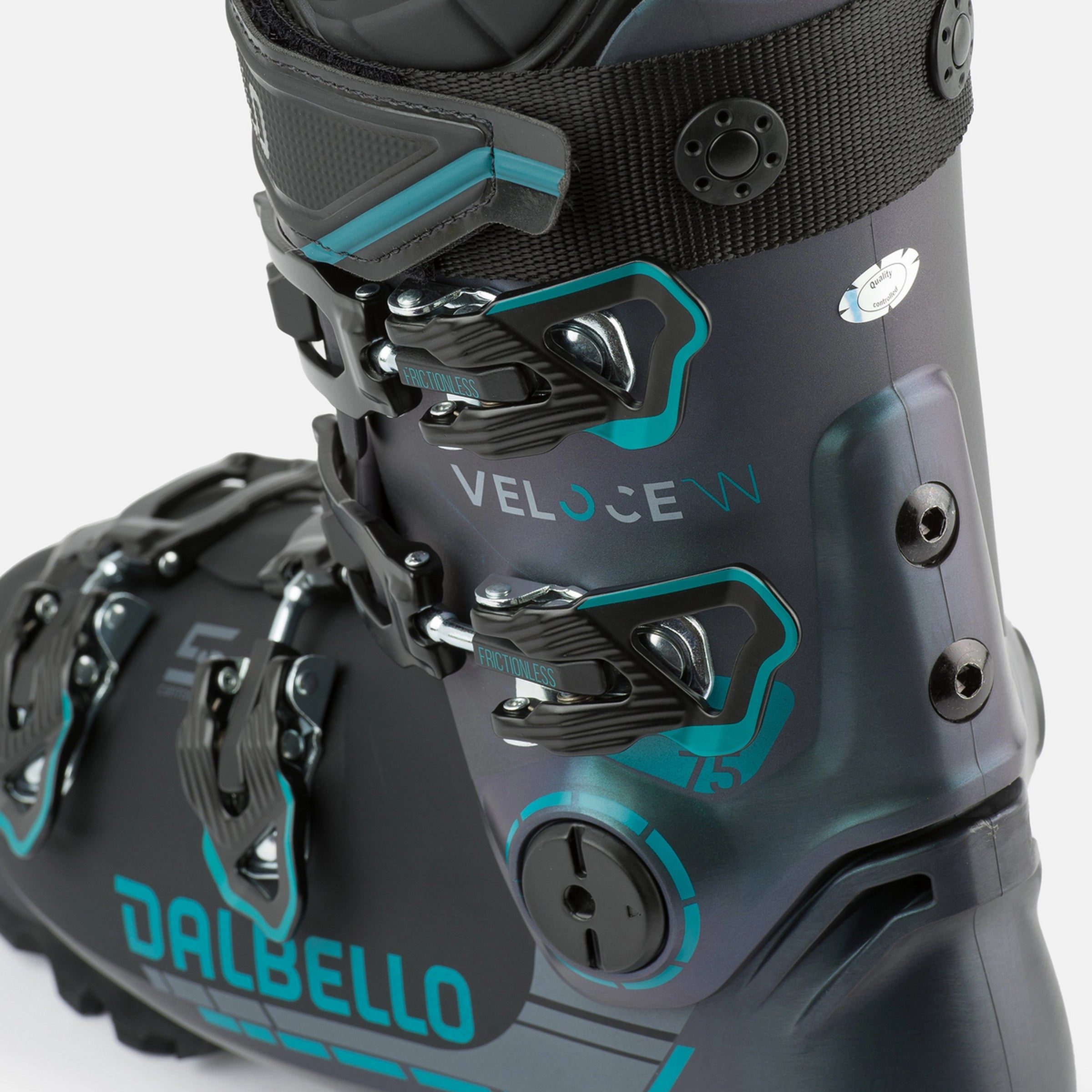Dalbello Women's Veloce 75 MV Ski Boot 2026 - Black ski boot with teal accents and a textured grip on the heel.