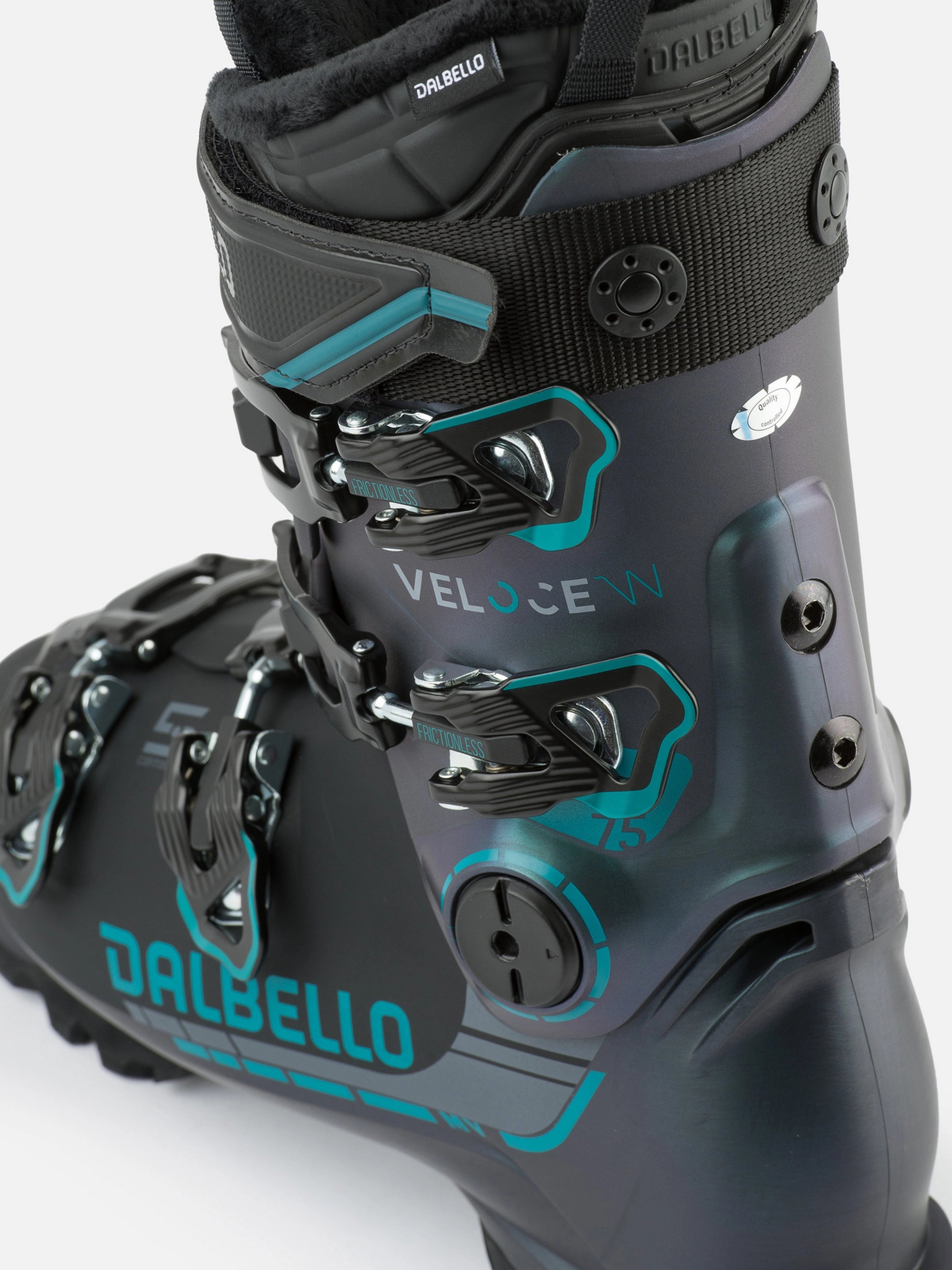 Dalbello Women's Veloce 75 MV Ski Boot 2026 - Black ski boot with teal accents and a textured grip on the heel.