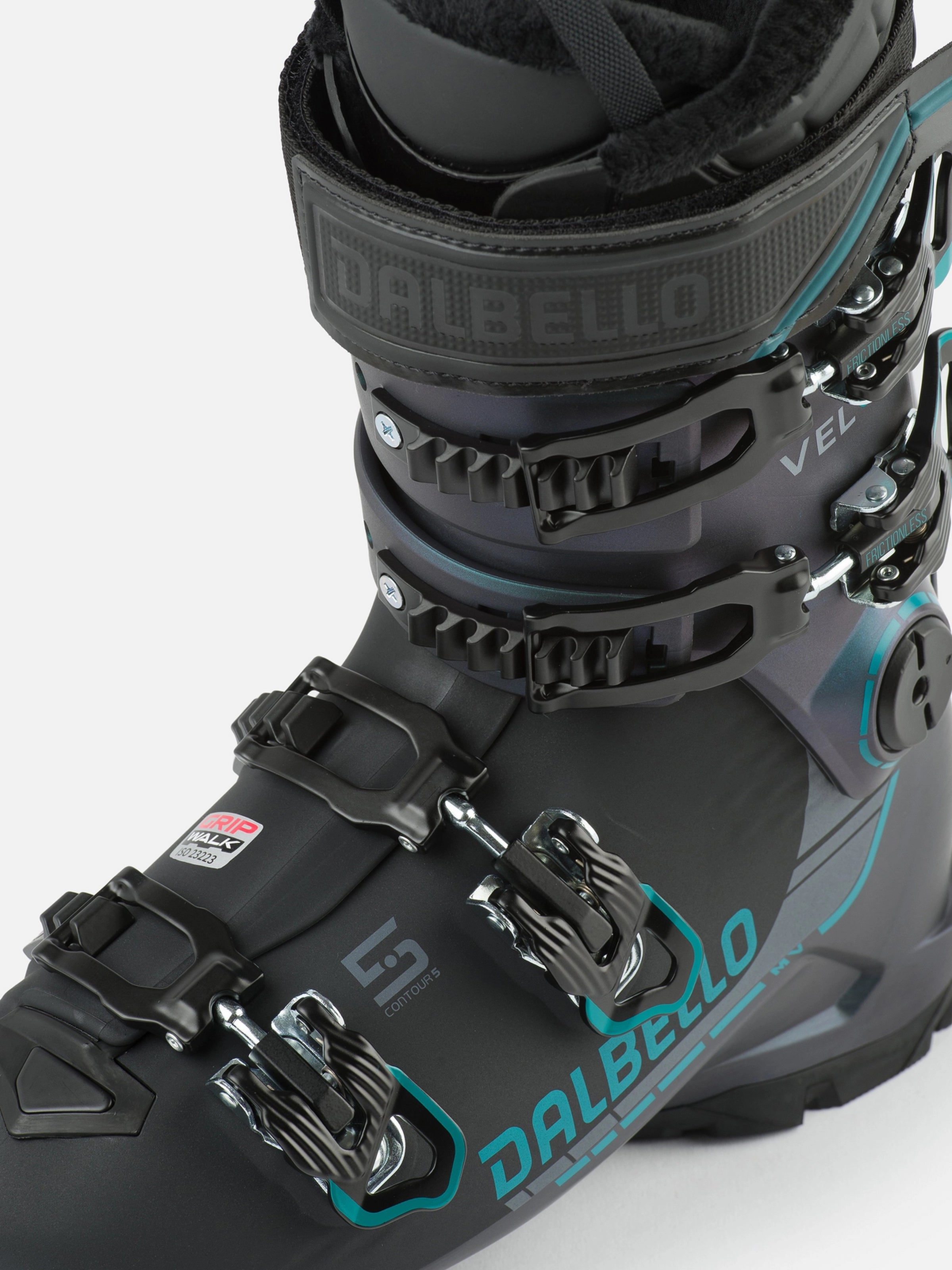 Dalbello Women's Veloce 75 MV Ski Boot - Black ski boot with a teal logo on the side and silver buckles.