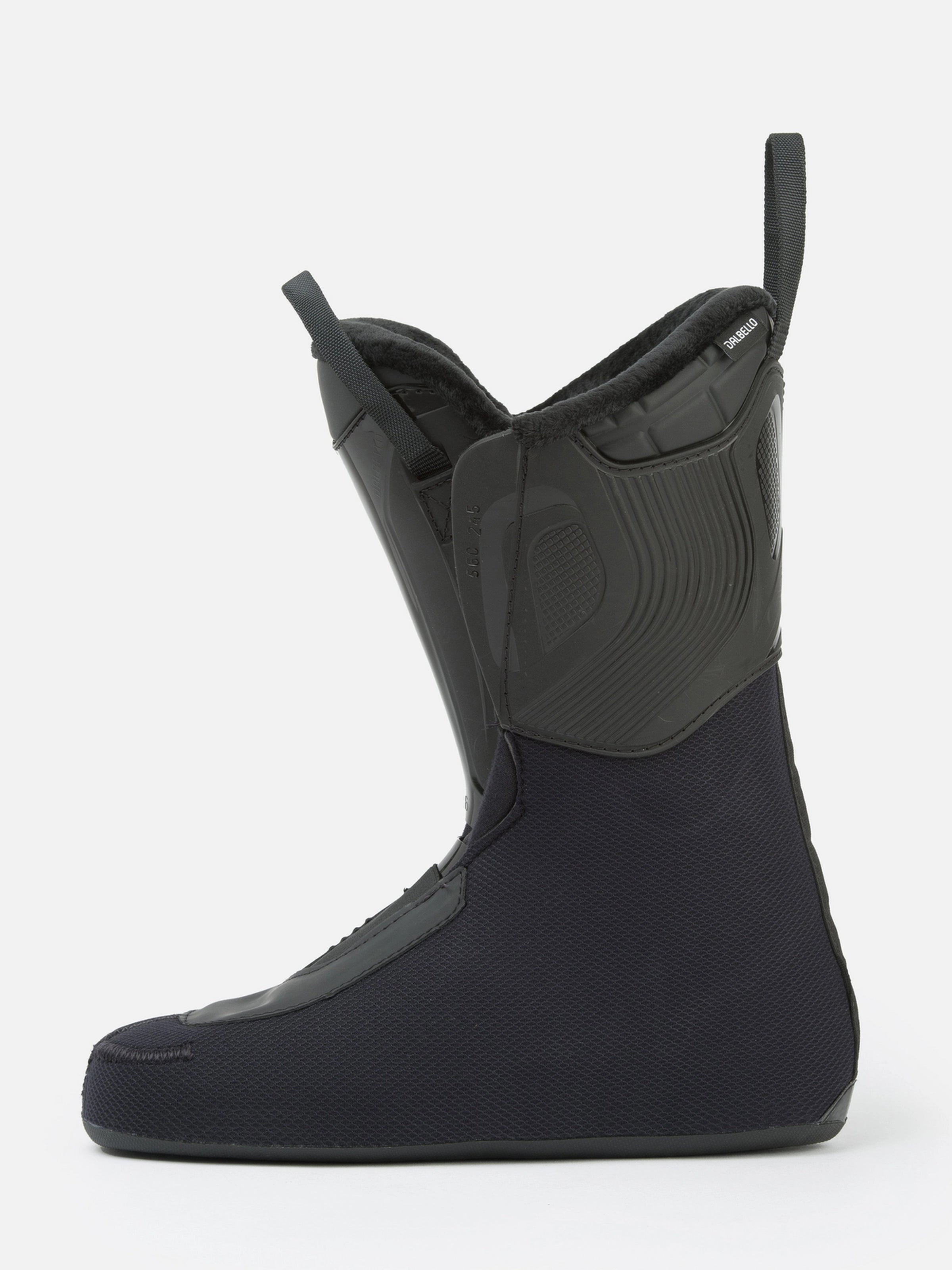 Dalbello Women's Veloce 75 MV Ski Boot 2026 - A black ski boot with a textured pattern on the upper portion and a strap at the top.