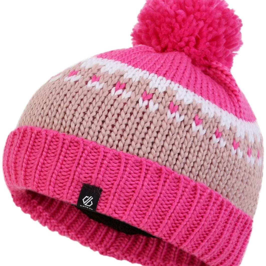Dare2B Kids Boffin II Beanie 2024 - A pink beanie with a pom-pom on top and a white stripe around it.