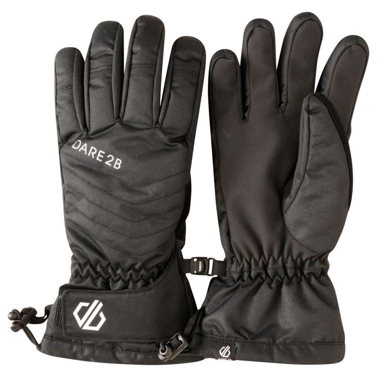 Dare2B Women's Charisma II Glove 2024 - A pair of black gloves with quilted pattern on palm side and textured grip on fingers.