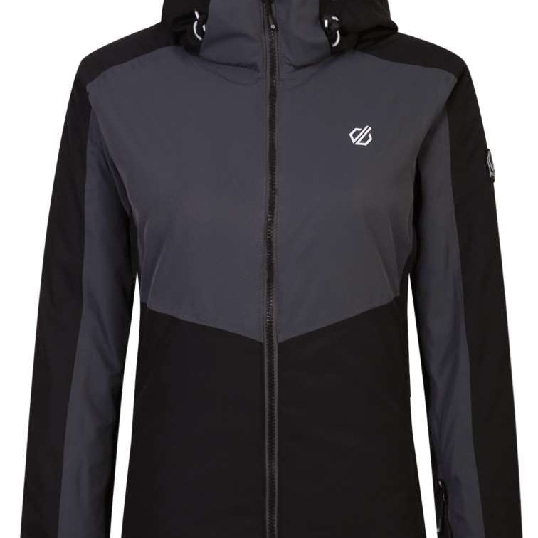 Dare2B Ladies Climatise Insulated Jacket 2024 - A black jacket with a hood, featuring a white logo on the left chest and a zipper down the front.
